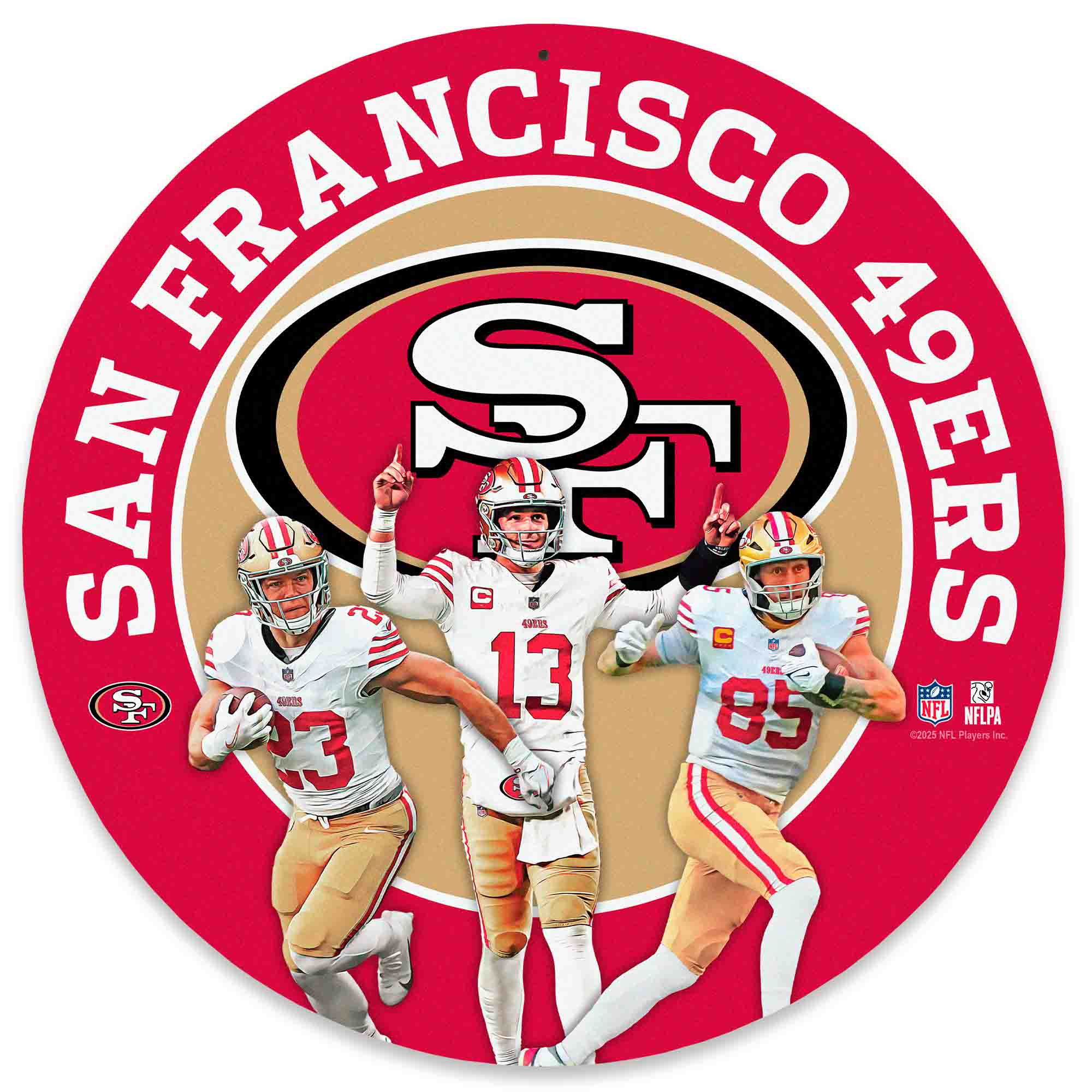 San Francisco 49ers Brock Purdy,-Christian McCaffrey &-George Kittle Team Stars 11" Round Metal Sign