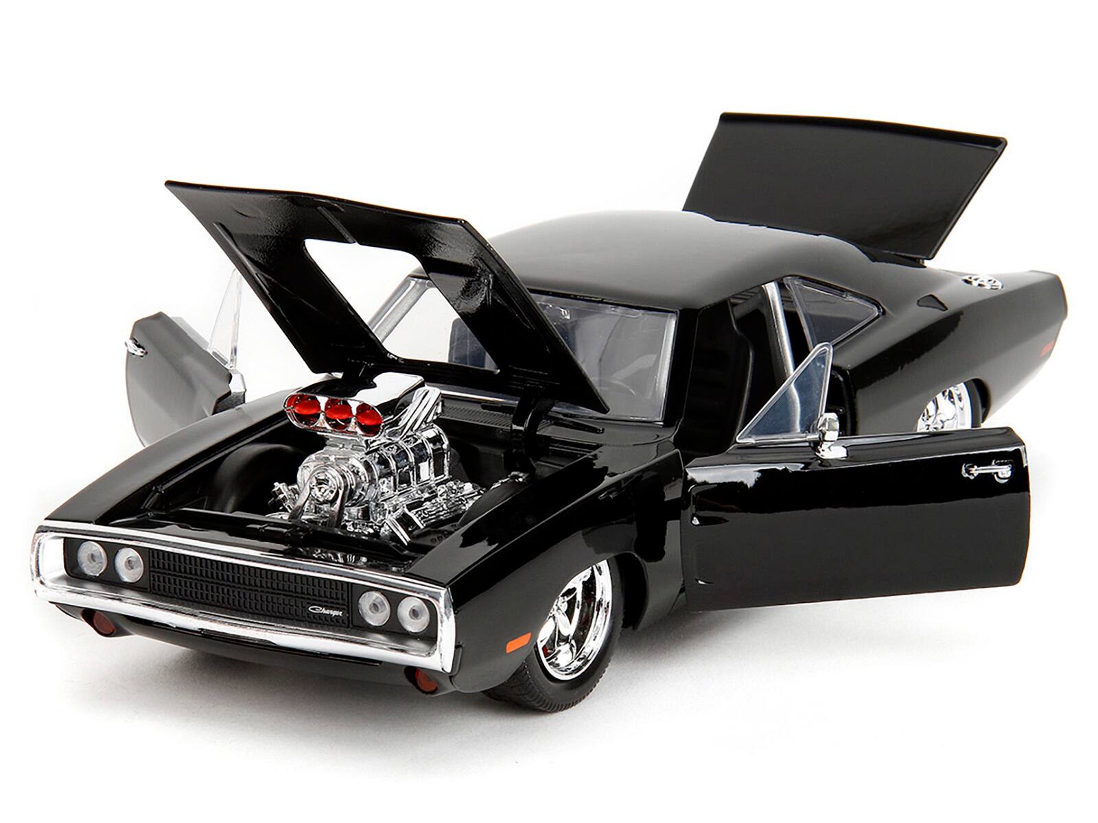 Angle. Jada - 1970 Dodge Charger Black with Race Interior "Fast & Furious" Movie 1/24 Diecast Model Car by Jada - Black.