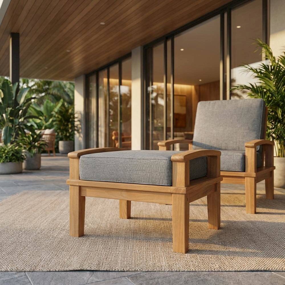 Angle. Outdoor Escape - Teak Outdoor Ottoman With Cushioned Seat For Patio Lounging - Gray.