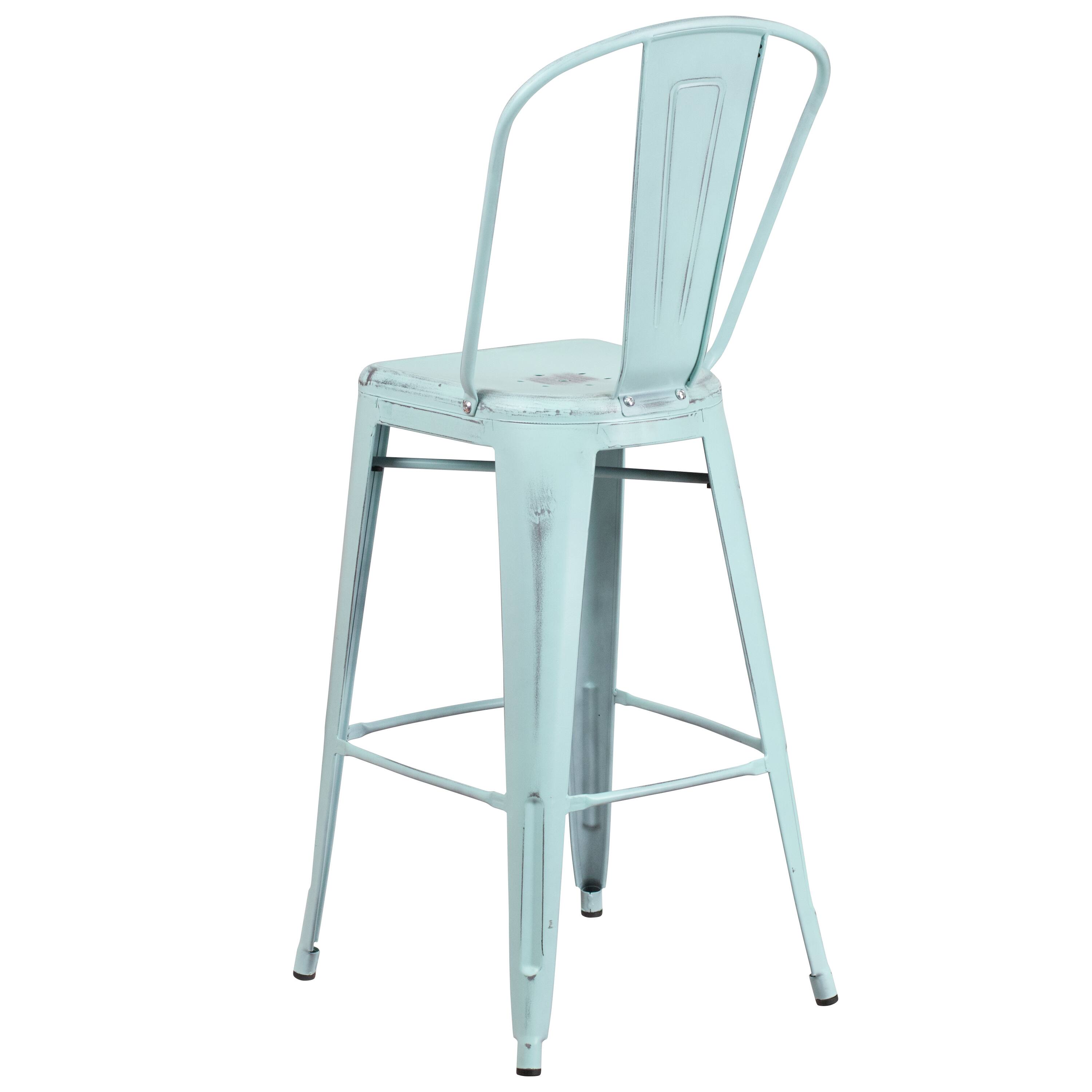 Alt View 5. Emma + Oliver - Commercial Grade 30"H Distressed Colorful Metal Indoor-Outdoor Barstool w/ Back - Green-Blue.