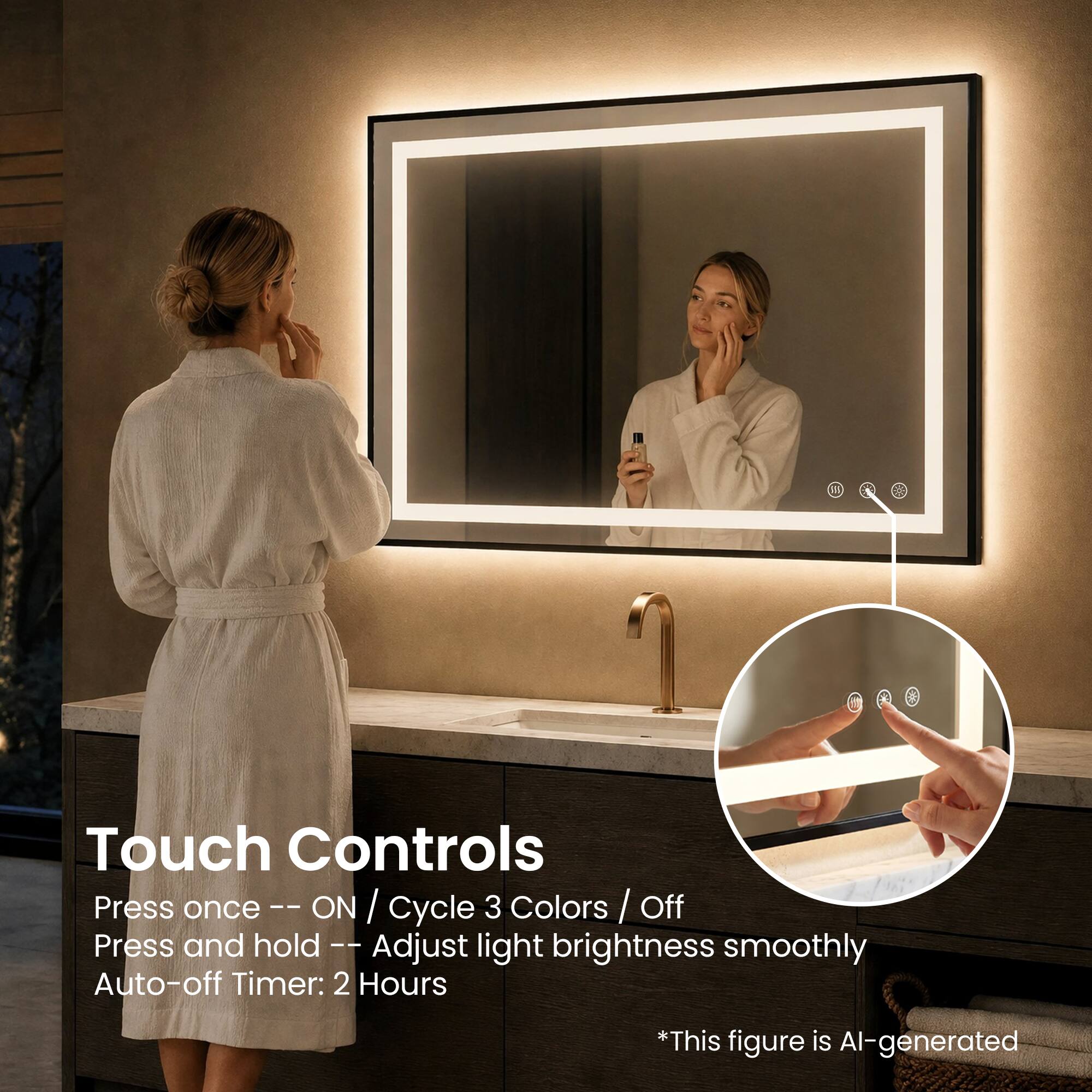 Touch Controls  
Press once -- ON / Cycle 3 Colors / Off  
Press and hold -- Adjust light brightness smoothly  
Auto-off Timer: 2 Hours  

*This figure is AI-generated