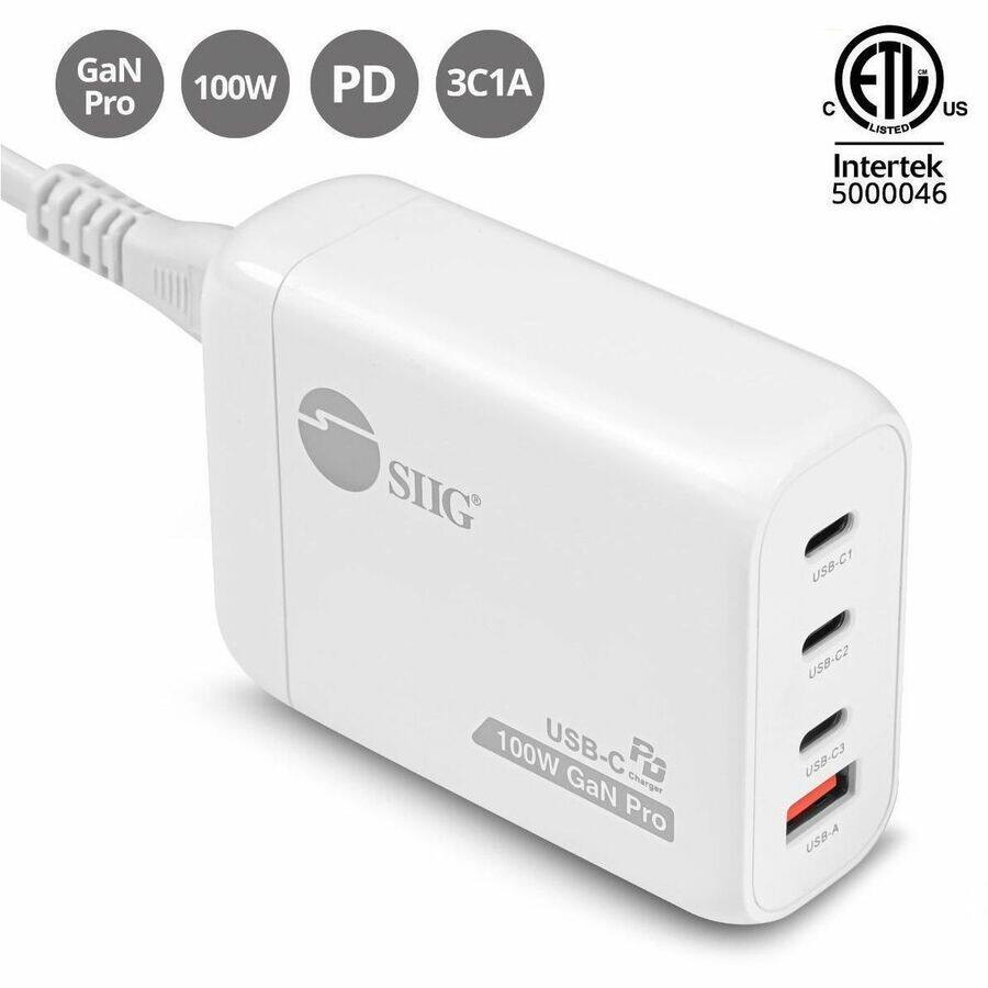 GaN Pro  
100W  
PD  
3C1A  
ETL US LISTED Intertek 5000046  
SIIG 100W USB-C GaN Pro  
USB-C1 USB-C2 USB-C3 USB-A