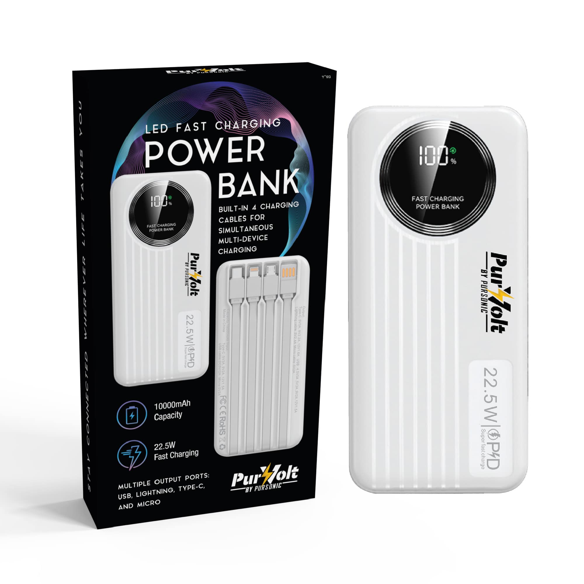 Pursonic - 10,000mAh LED Fast Charging Power Bank – Built-in Cables, 22.5W Output, Type-C/USB/Lightning Compatibility - White