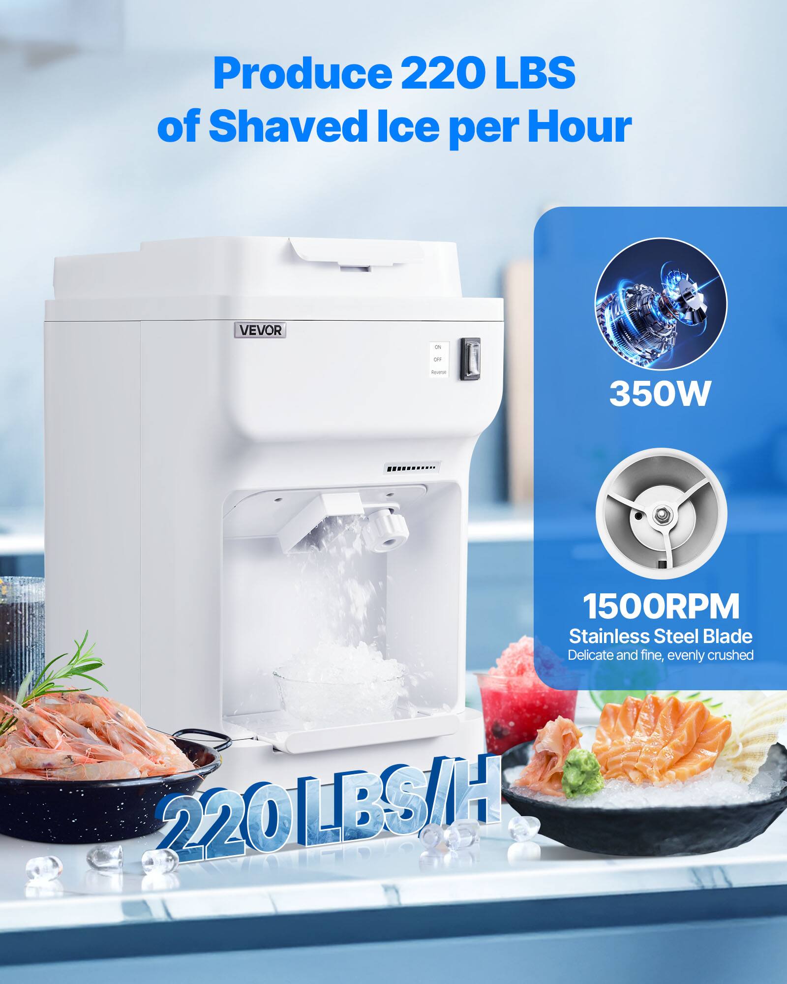 Produce 220 LBS of Shaved Ice per Hour

VEVOR

350W
1500RPM Stainless Steel Blade
Delicate and fine, evenly crushed

220 LBS/H