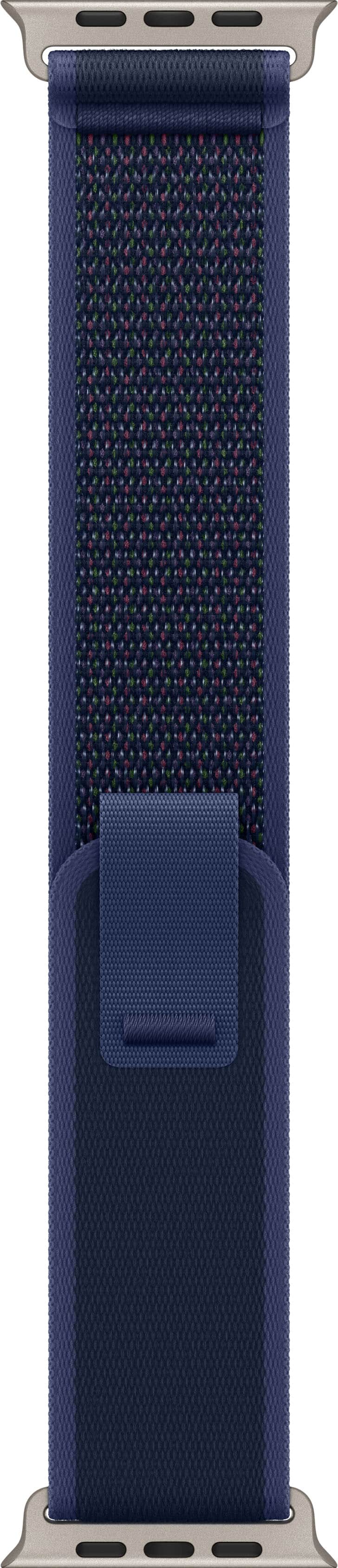 Angle. Apple - 49mm Trail Loop - M/L - Natural Titanium Finish - Blue.