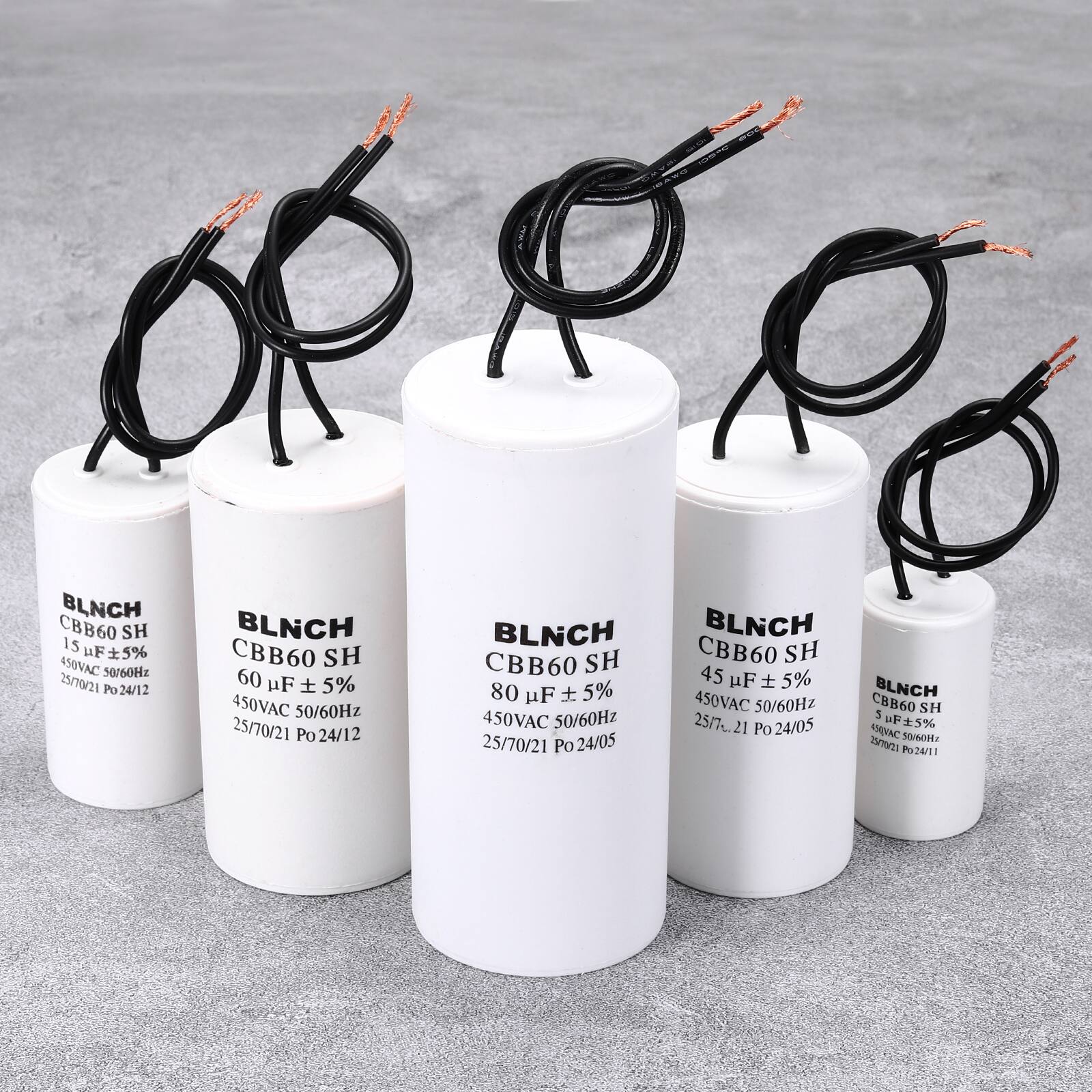 BLNCH CBB60 SH  
15 uF ±5%  
450VAC 50/60Hz  
25/70/21 Po 24/12  

BLNCH CBB60 SH  
60 uF ±5%  
450VAC 50/60Hz  
25/70/21 Po 24/12  

BLNCH CBB60 SH  
80 uF ±5%  
450VAC 50/60Hz  
25/70/21 Po 24/05  

BLNCH CBB60 SH  
45 uF ±5%  
450VAC 50/60Hz  
25/70/21 Po 24/05  

BLNCH CBB60 SH  
5 uF ±5%  
450VAC 50/60Hz  
25/70/21 Po 24/11
