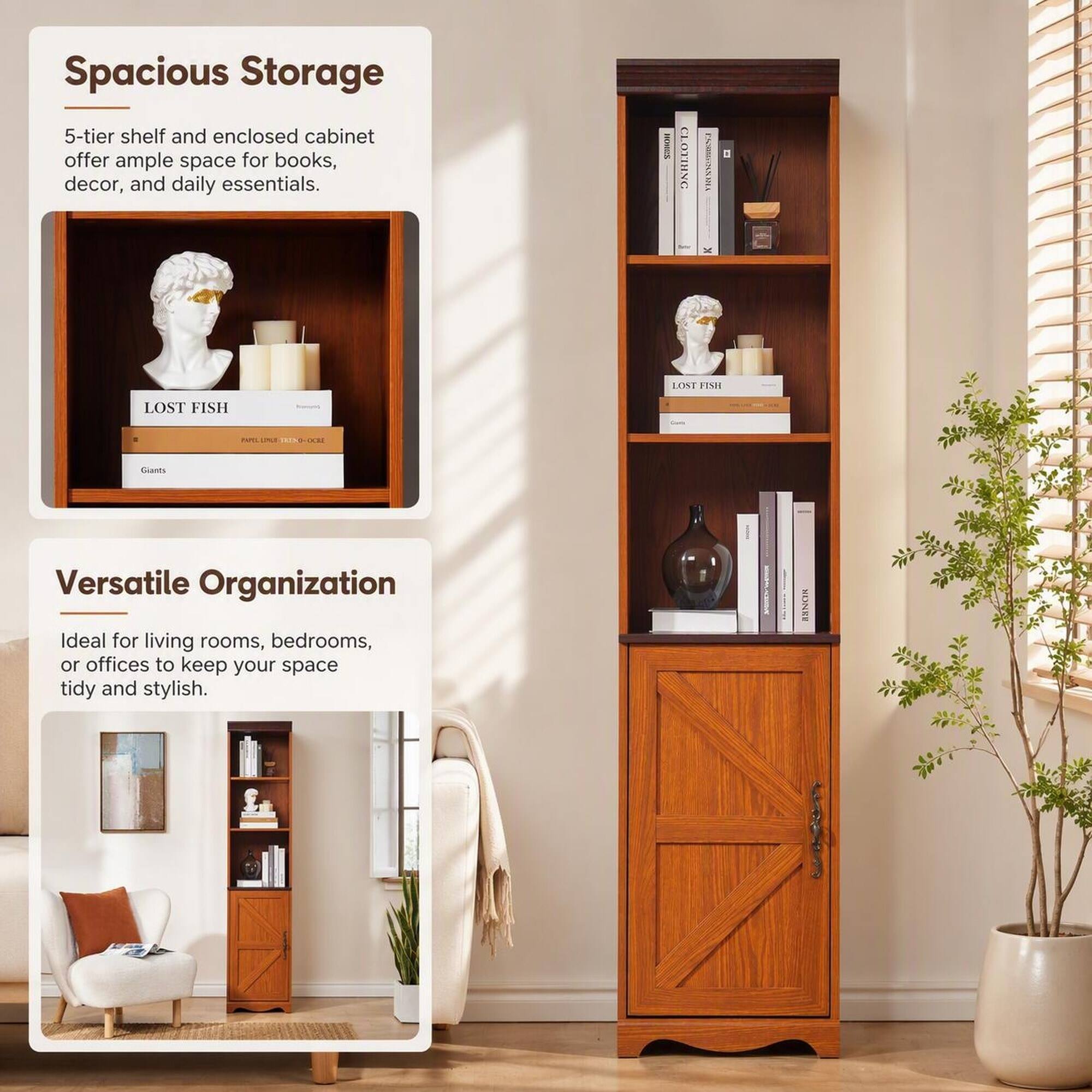 Spacious Storage  
5-tier shelf and enclosed cabinet offer ample space for books, decor, and daily essentials.

Versatile Organization  
Ideal for living rooms, bedrooms, or offices to keep your space tidy and stylish.