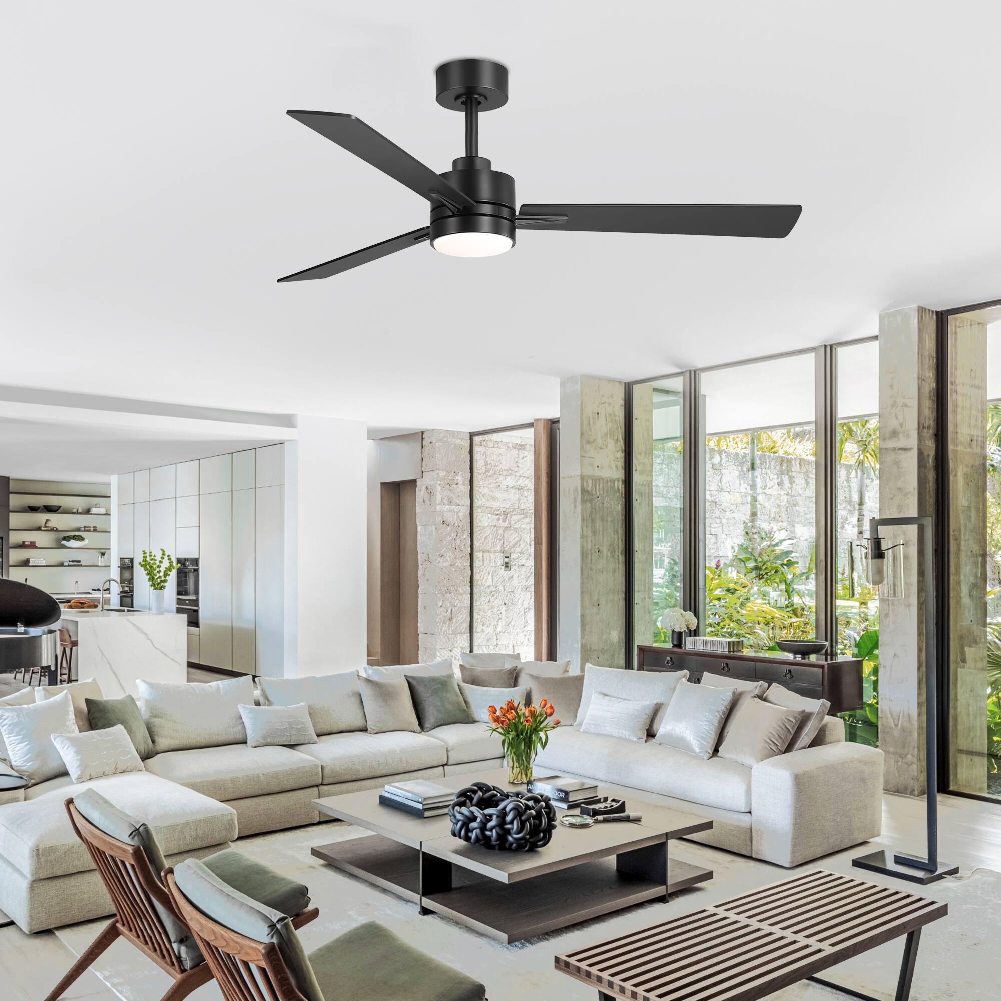 Back. Breezary - 52" Indoor Ceiling Fan with 3 Plywood Blades, 3-Color Light, 6-Speed DC Motor, Remote Control with Timer - Matte Black.