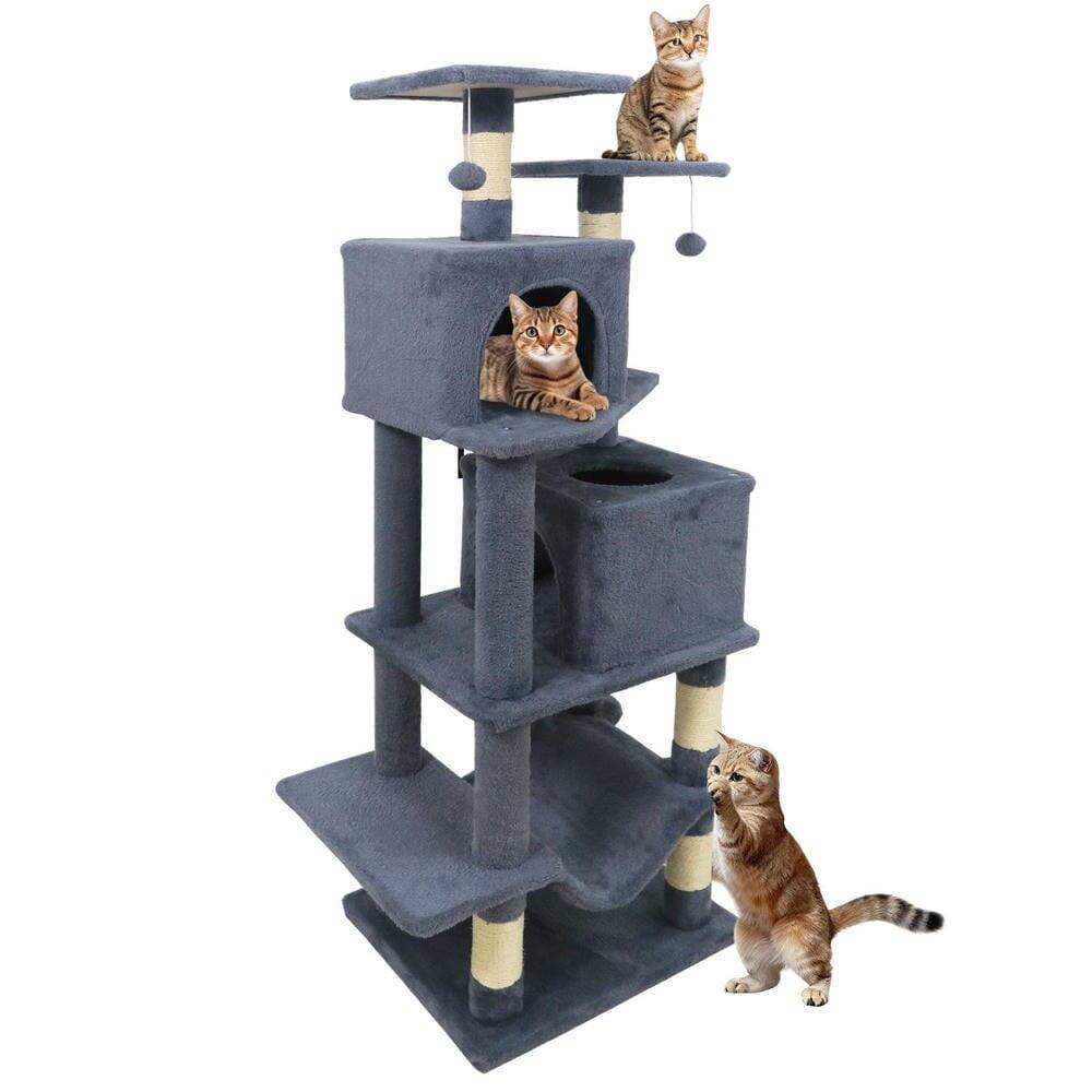 Alt View 4. Kadyn - 57-Inch Cat Tree with Two Condos, Hammock, and Dangling Toys, Gray - Gray.