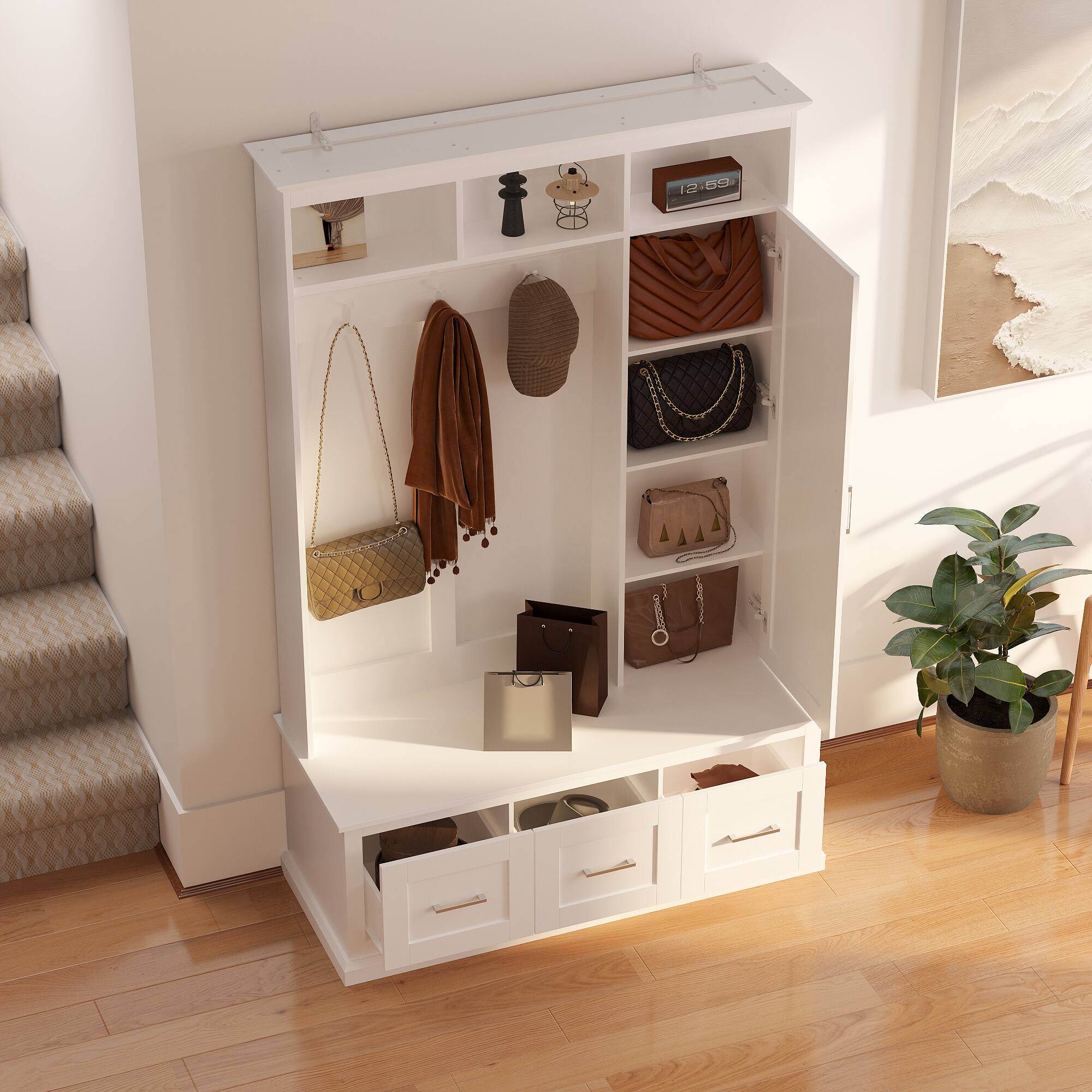 Alt View 1. FUFU & GAGA - Hall Tree with Mirror and Storage Bench Elegant Entryway Organizer with Coat Hooks and Shelves - White.