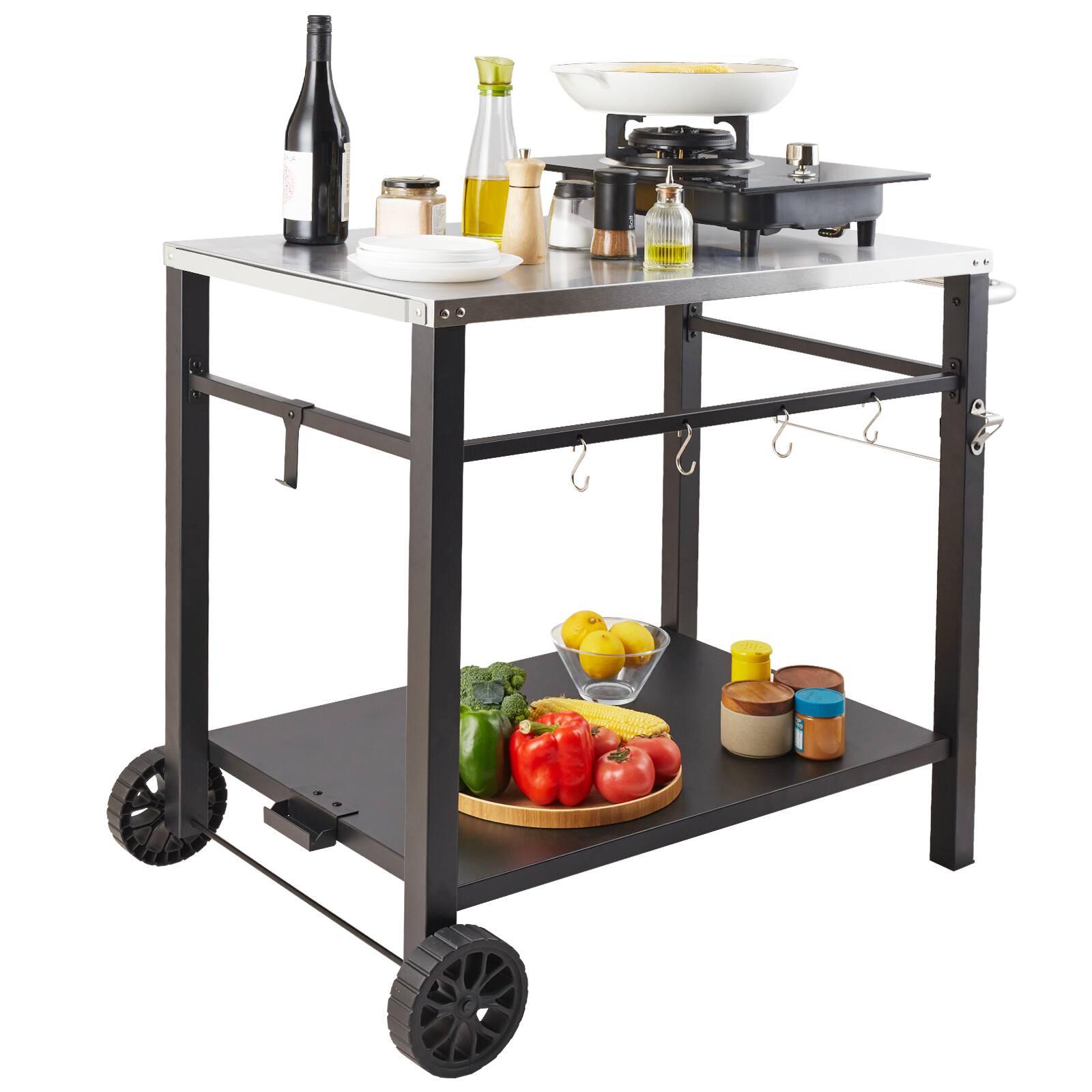Alt View 5. VEVOR - Outdoor Grill Dining Cart with Double-Shelf, BBQ Movable Food Prep Table, Multifunctional Stainless Steel Table Top - Black.
