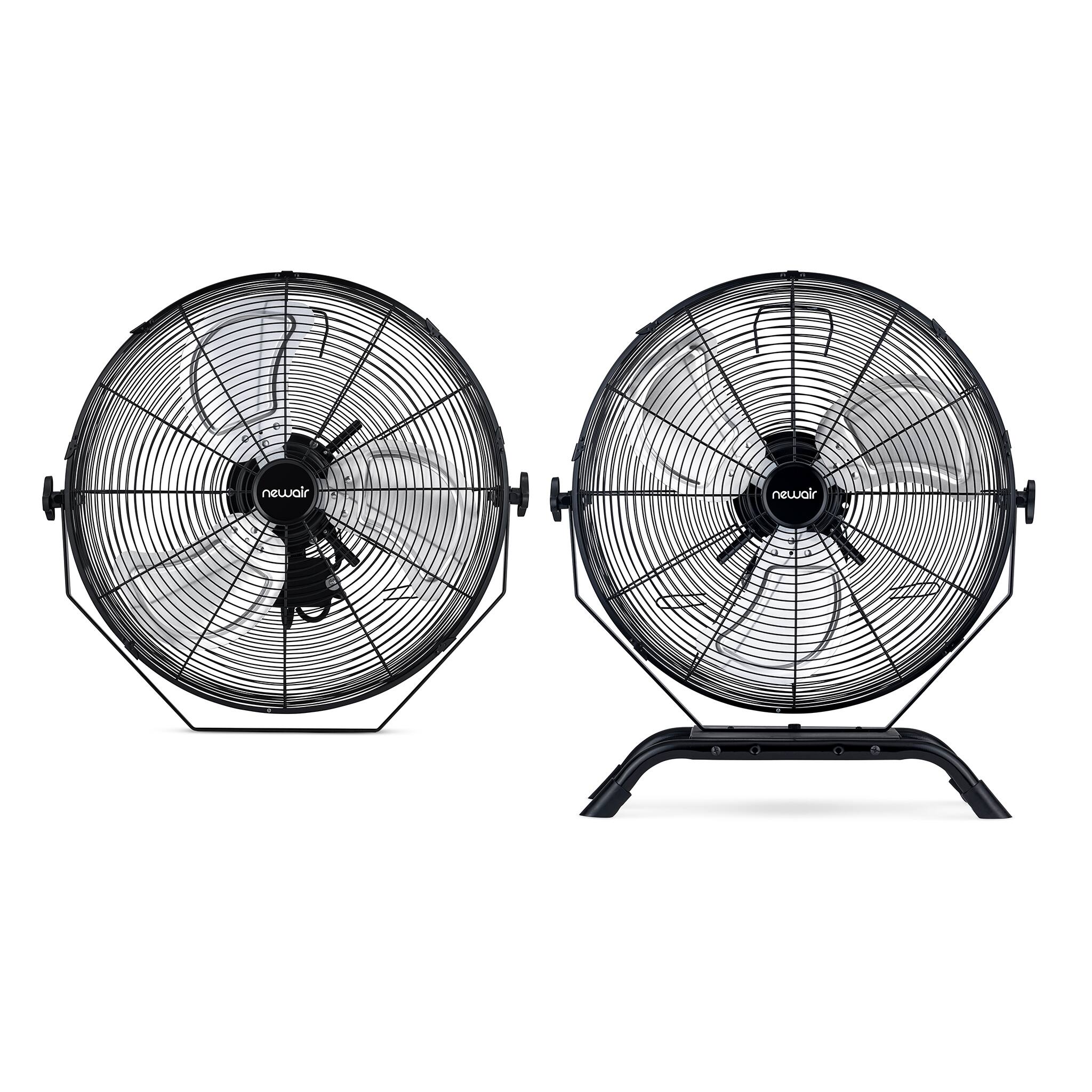 The image features two black and silver fans, both with the brand name "Newair" on them.