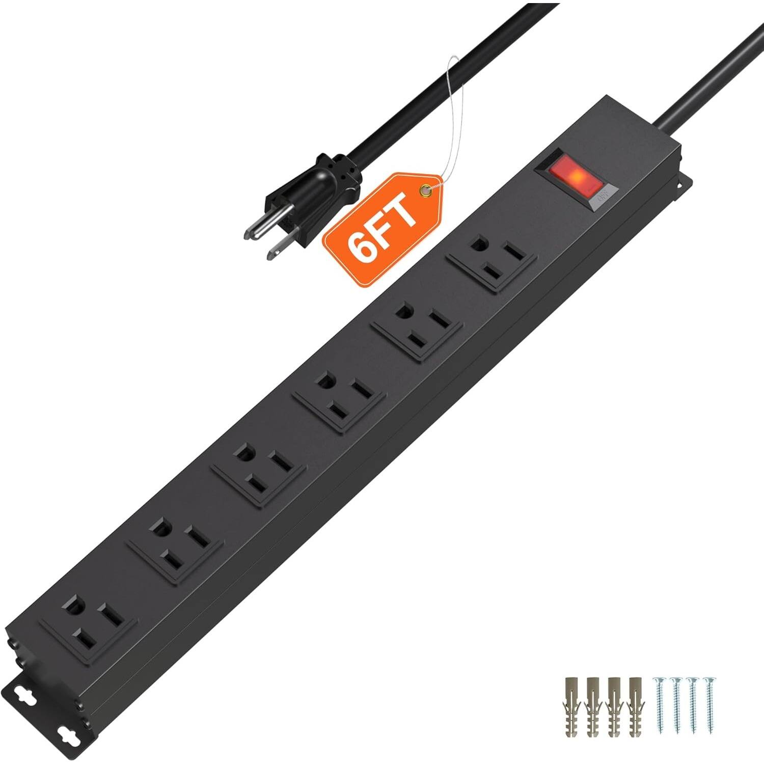 PARKER SLATER - Heavy Duty Power Strip with 6 Outlets, 6FT UL 14AWG Cord, Switch, Wall Mount, 15A/125V/1875W – - Black
