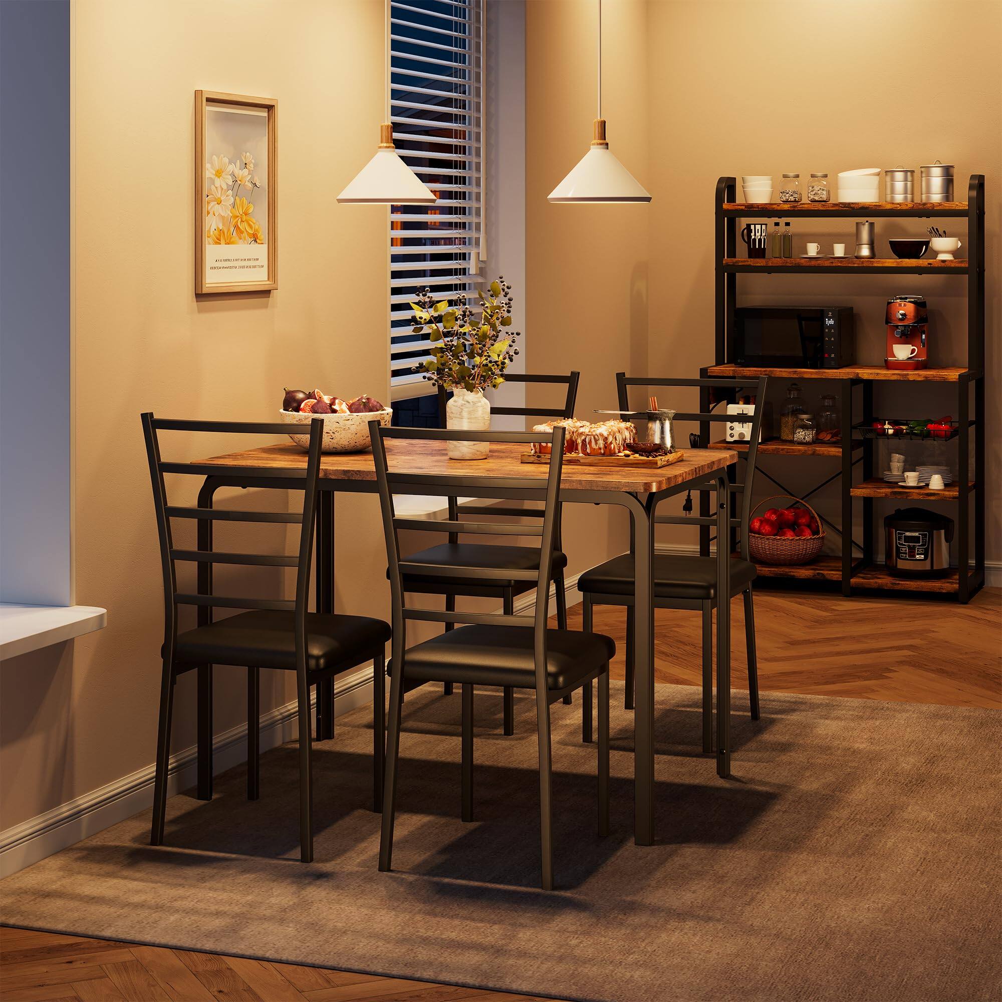 Left. Homhougo - Dining Table Set for 4, 5 Piece Small Space Dining Set Square Table with 4 Upholstered Chairs - Brown.