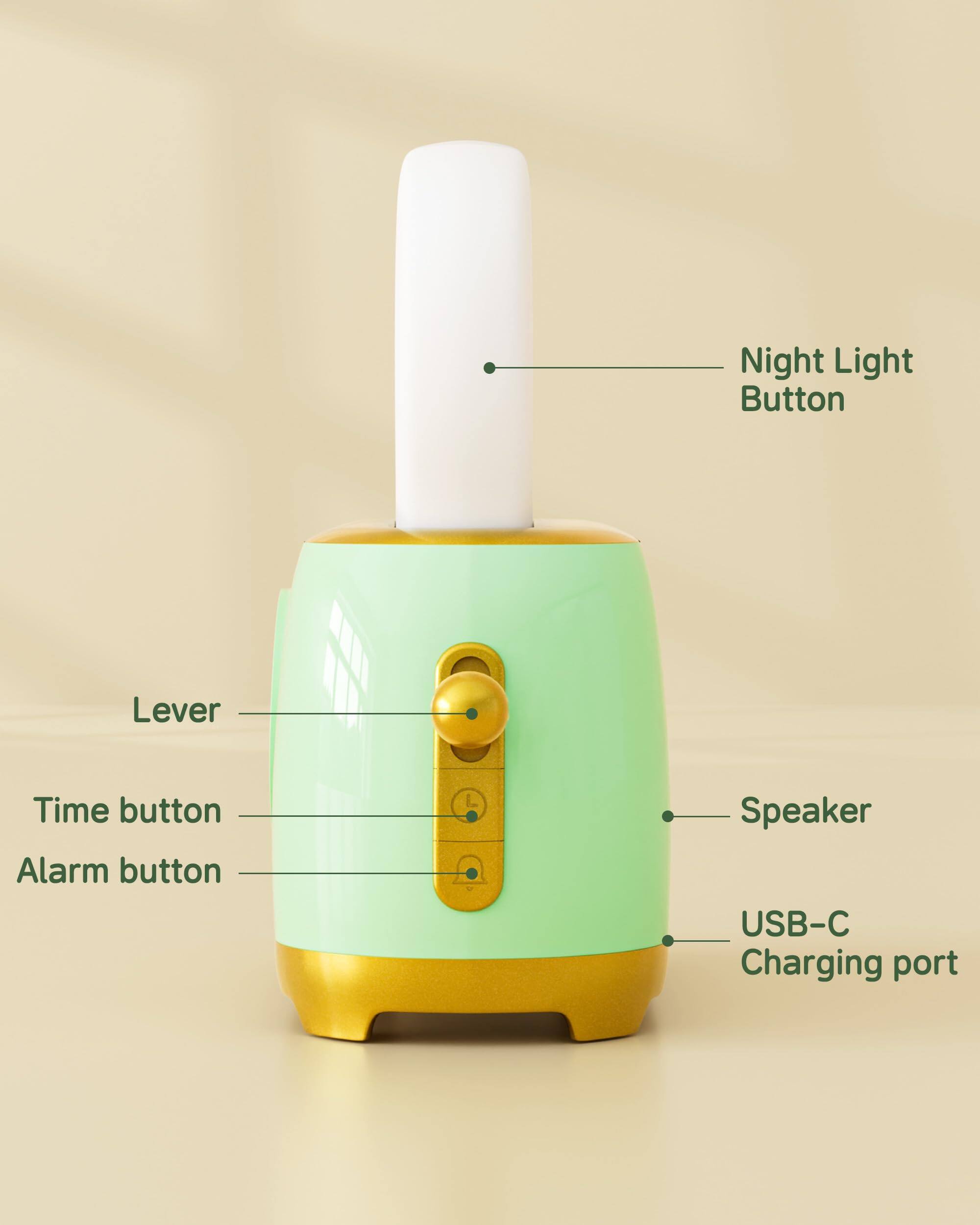 Night Light Button  
Lever  
Time button  
Alarm button  
Speaker  
USB-C Charging port