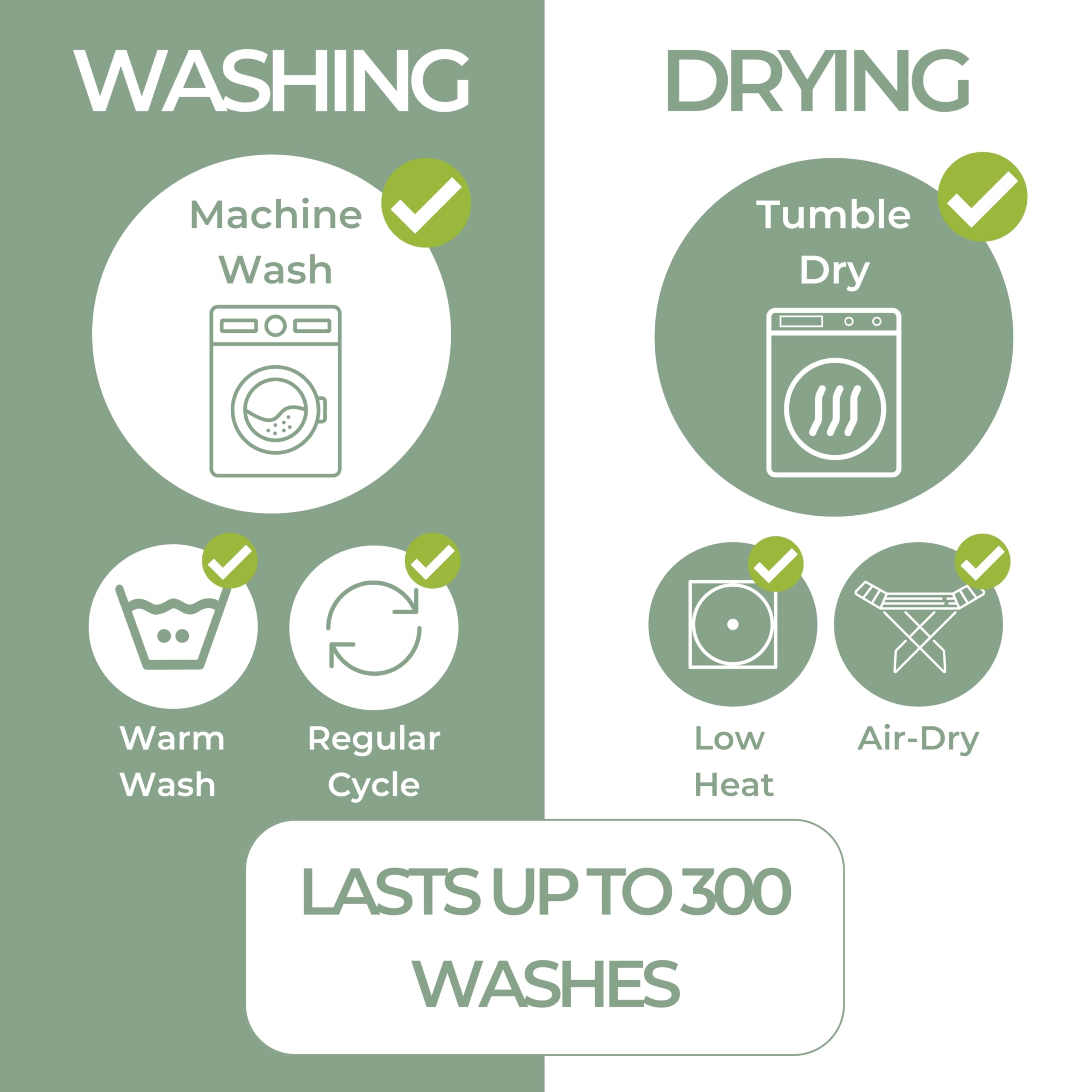 **WASHING**  
- Machine Wash  
- Warm Wash  
- Regular Cycle  

**DRYING**  
- Tumble Dry  
- Low Heat  
- Air-Dry  

**LASTS UP TO 300 WASHES**