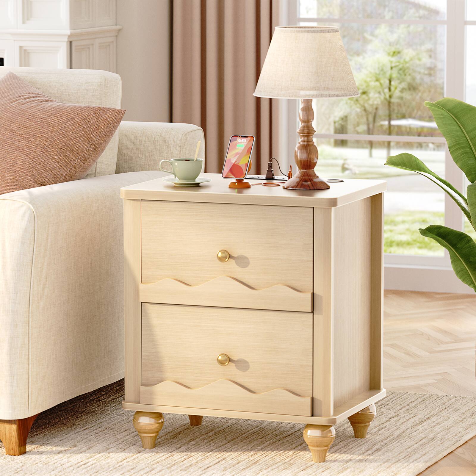 Alt View 5. Aheaplus - Nightstand with 2 Drawers, Farmhouse Nightstand with Charging Station, 2 Piece Set - Nature.