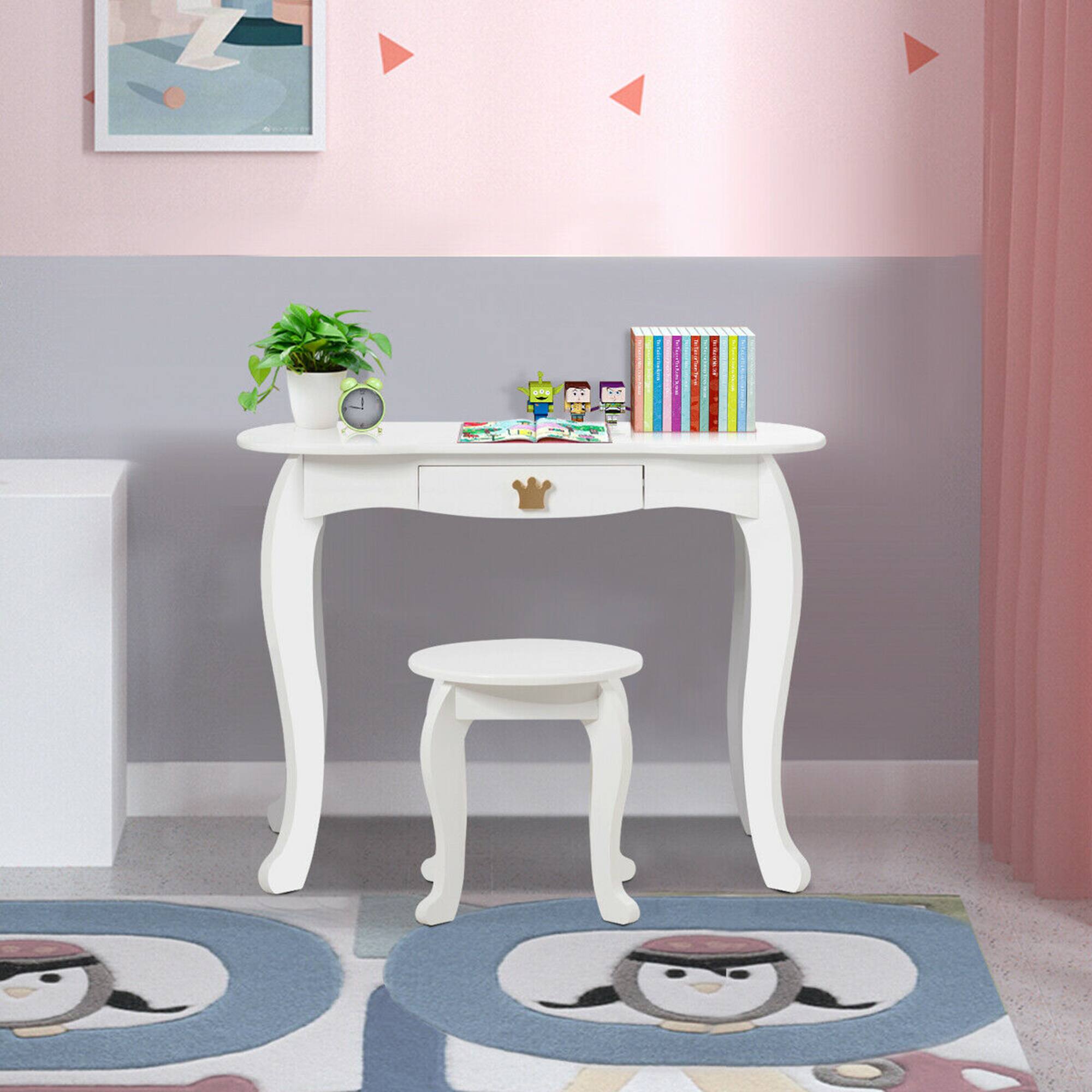 Alt View 2. Costway - Costway Kids Makeup Dressing Table Chair Set Princess Vanity & Tri-folding Mirror - White.