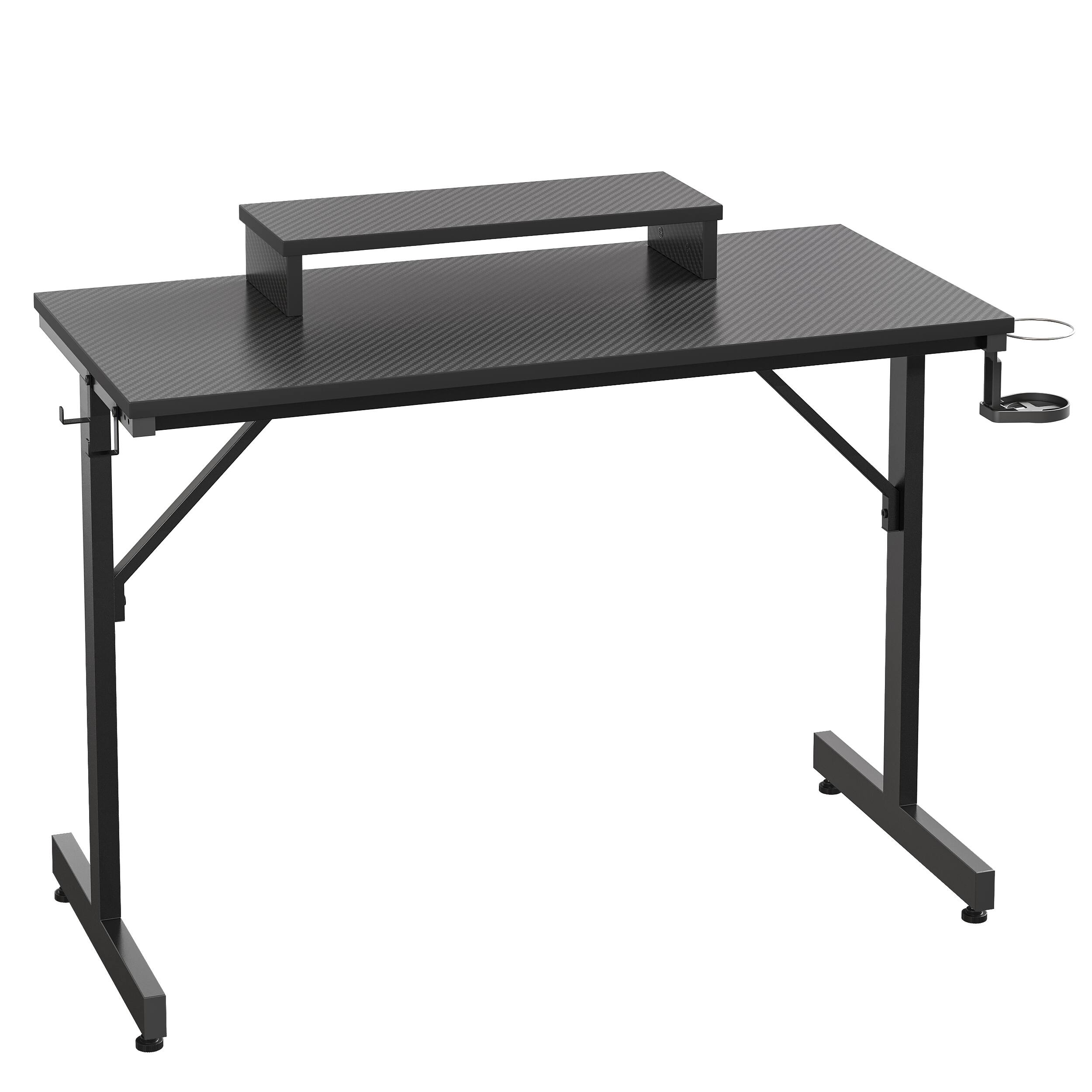 Angle. Bestier - 42-inch Gaming Desk with RGB Lights, Ergonomic Monitor Stand & Accessory Hooks - Black Carbon Fiber.