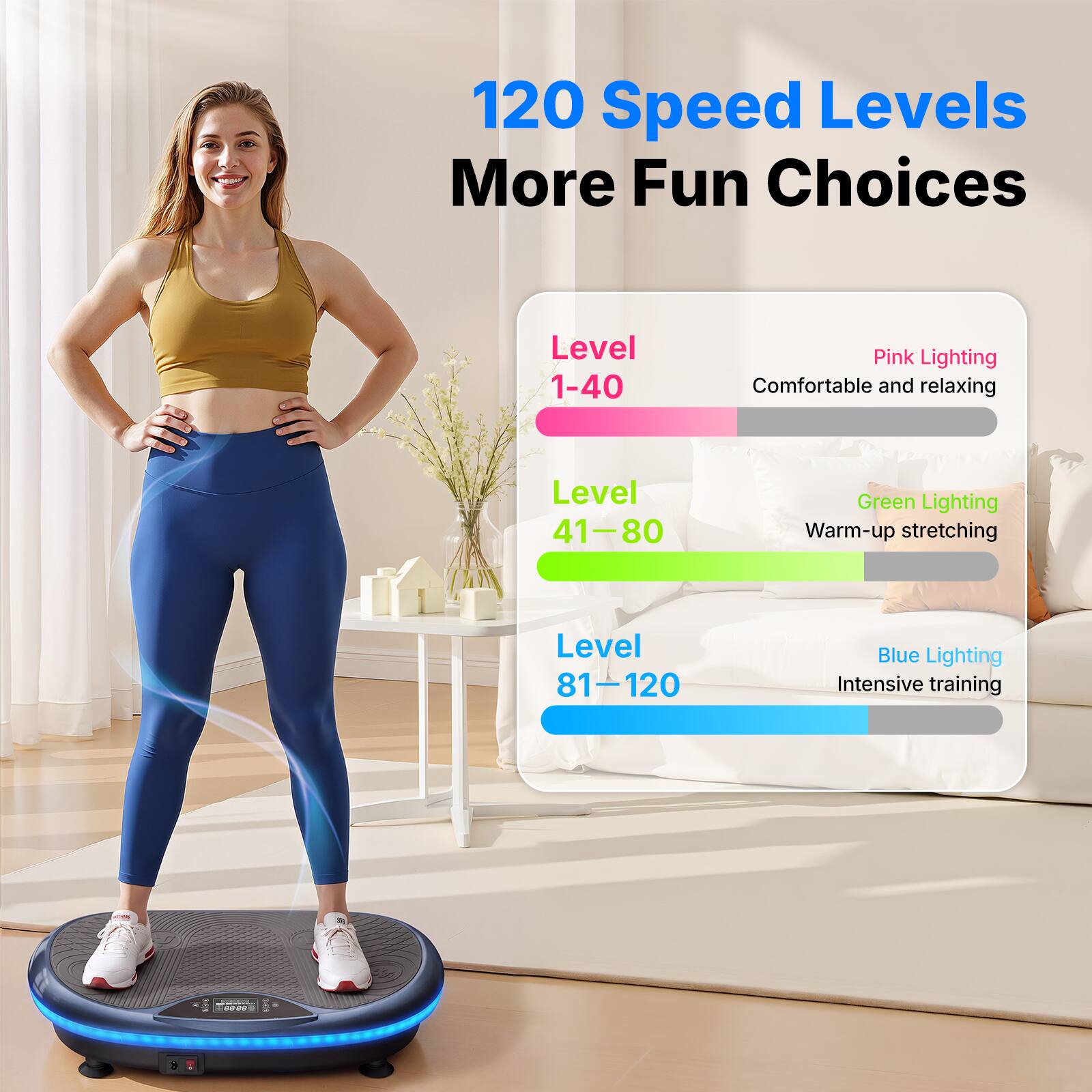 120 Speed Levels More Fun Choices

Level 1-40: Pink Lighting - Comfortable and relaxing  
Level 41-80: Green Lighting - Warm-up stretching  
Level 81-120: Blue Lighting - Intensive training