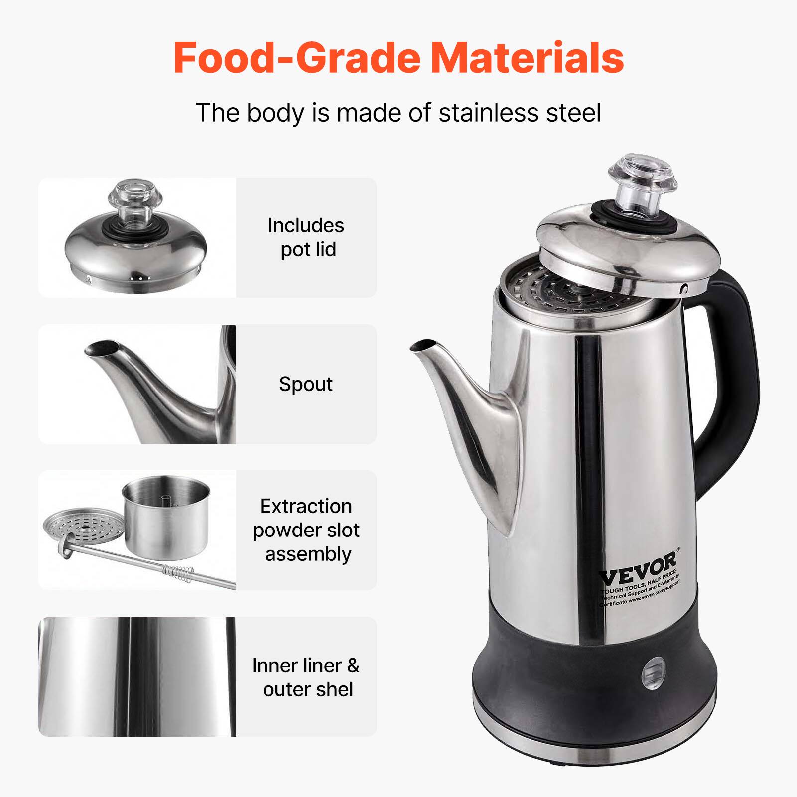 Food-Grade Materials  
The body is made of stainless steel

Includes pot lid  
Spout  
Extraction powder slot assembly  
VEVOR  
Inner liner & outer shell