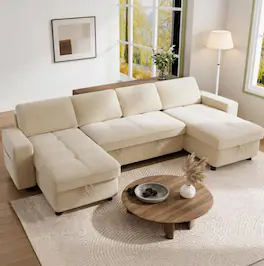 Dyonery - 105" U Shaped Couch Sleeper Sofa, Pull Out Couch with Reclining Backrest, Reversible Storage Chaise, USB Ports - Beige