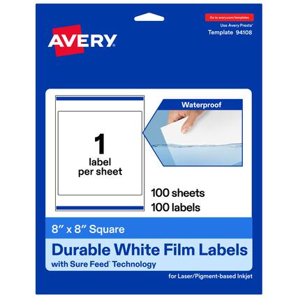 Go to avery.com/templates
Use Avery Presta™ Template 94108
Waterproof
1 label per sheet
100 sheets
100 labels
8" x 8" Square
Durable White Film Labels with Sure Feed™ Technology for Laser/Pigment-based Inkjet