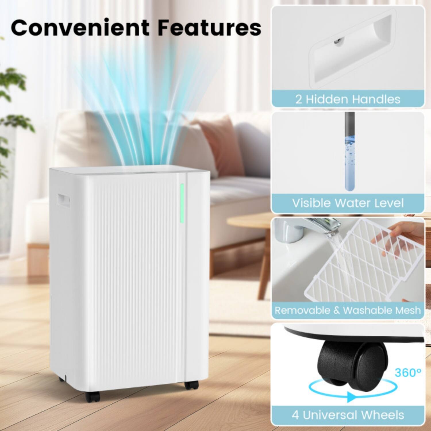 Convenient Features

- 2 Hidden Handles
- Visible Water Level
- Removable & Washable Mesh
- 360°
- 4 Universal Wheels