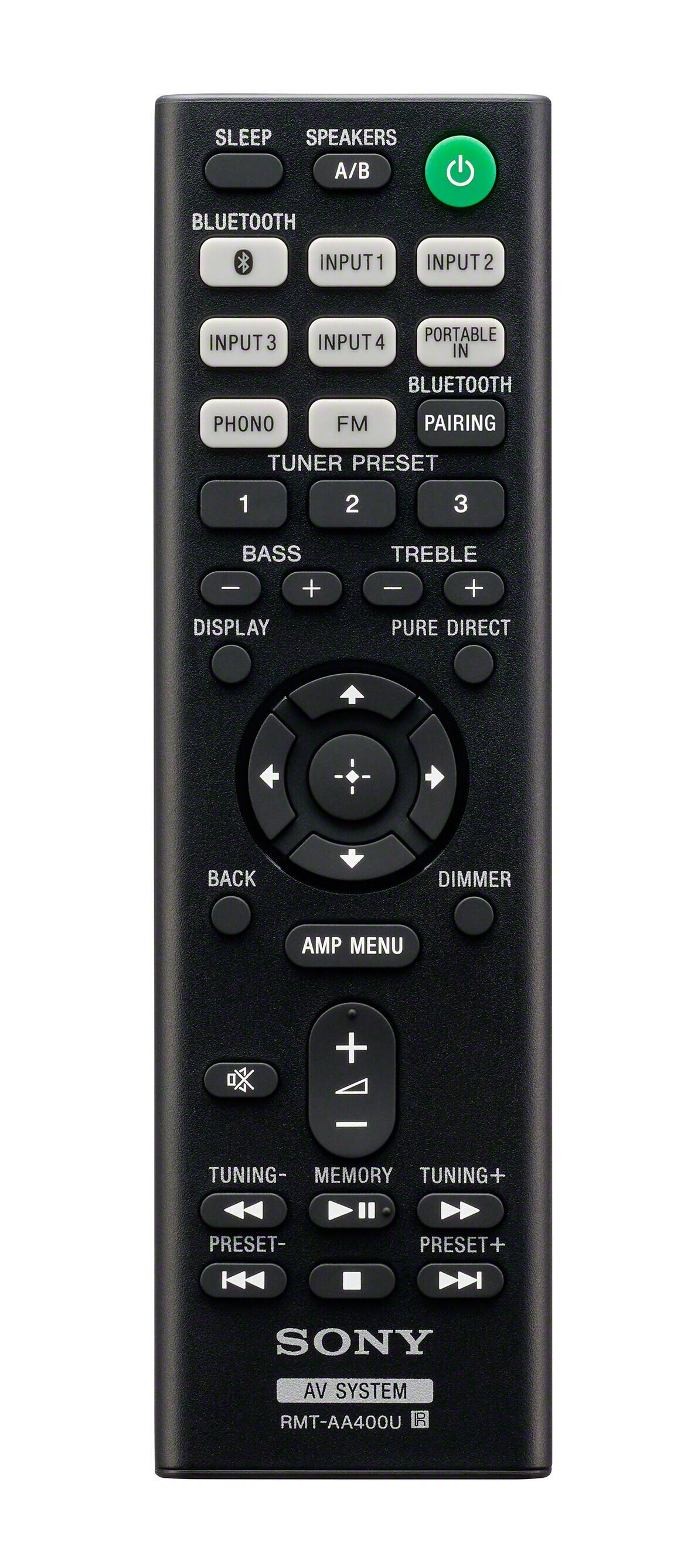 Sure, here is the corrected and grouped text from the image:

- **Top Row:**
  - SLEEP
  - SPEAKERS A/B

- **Second Row:**
  - BLUETOOTH
  - INPUT 1
  - INPUT 2

- **Third Row:**
  - INPUT 3
  - INPUT 4
  - PORTABLE IN
  - BLUETOOTH

- **Fourth Row:**
  - PHONO
  - FM
  - PAIRING

- **Fifth Row:**
  - TUNER PRESET
  - 1
  - 2
  - 3

- **Sixth Row:**
  - BASS -
  - TREBLE +
  - DISPLAY
  - PURE DIRECT

- **Central Section:**
  - (Directional Pad with Center Button)
  - BACK
  - DIMMER
  - AMP MENU

- **Bottom Section:**
  - TUNING-
  - MEMORY
  - TUNING+
  - PRESET-
  - PRESET+

- **Bottom Row:**
  - SONY
  - AV SYSTEM
  - RMT-AA400U