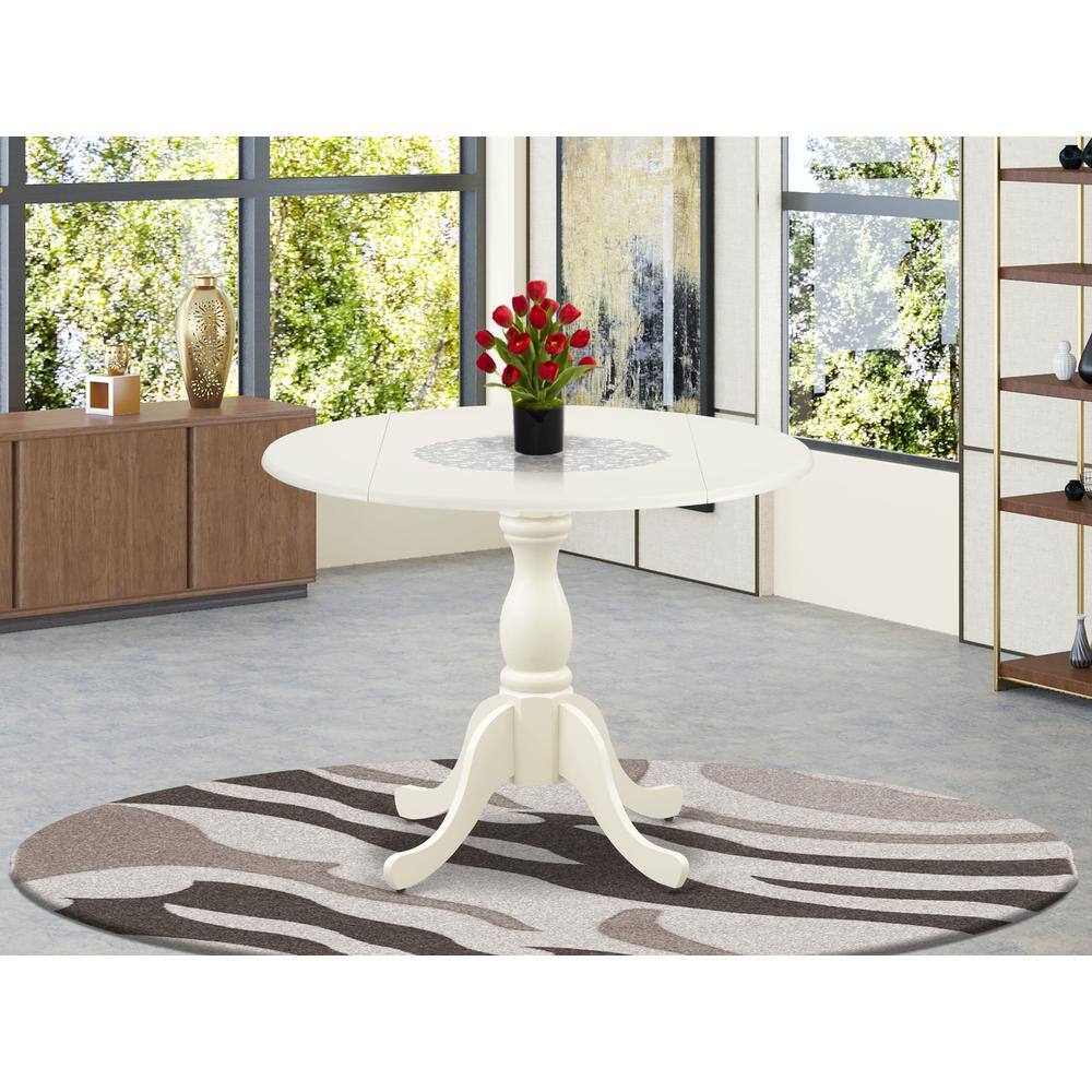 Angle. East West Furniture - East West Furniture Modern Kitchen Table with Drop Leaves - Linen White Table Top and Linen White Pedestal Leg Finish - Multi-Color.