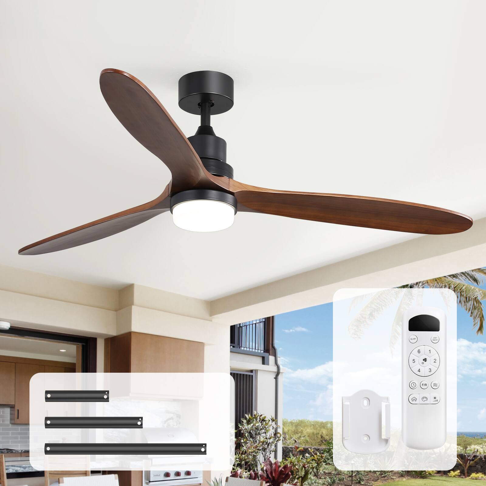 Sofucor - Wood Ceiling Fans with Lights and Remote Reversible 6 Speeds 3CCT Dimmable, Noiseless, Indoor/Outdoor Ceiling Fan Quiet - Black 60inch-B