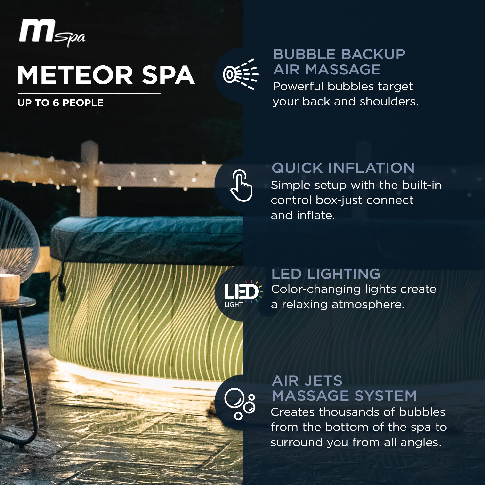 **METEOR SPA**  
UP TO 6 PEOPLE

- **BUBBLE BACKUP AIR MASSAGE**  
  Powerful bubbles target your back and shoulders.

- **QUICK INFLATION**  
  Simple setup with the built-in control box—just connect and inflate.

- **LED LIGHTING**  
  Color-changing lights create a relaxing atmosphere.

- **AIR JETS MASSAGE SYSTEM**  
  Creates thousands of bubbles from the bottom of the spa to surround you from all angles.