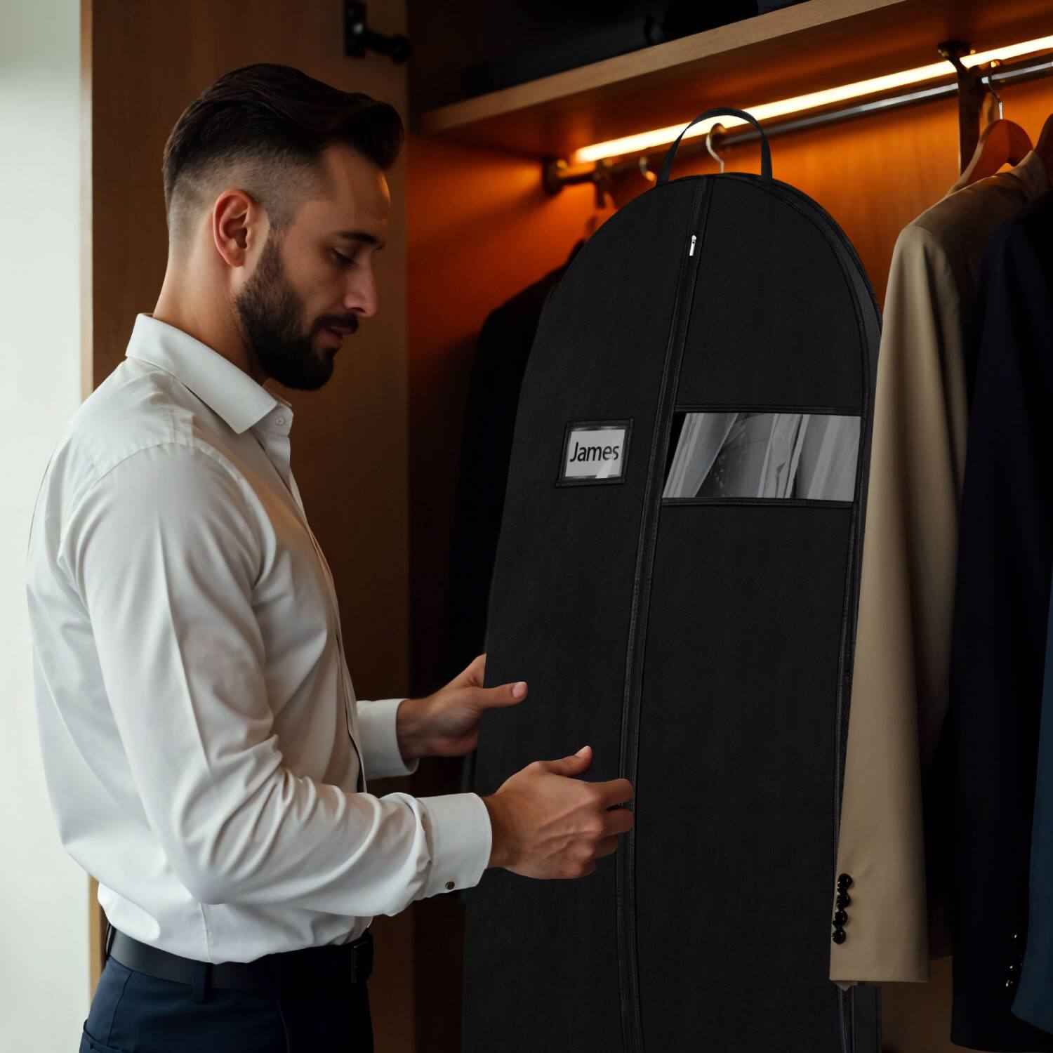 Angle. Mber - 3 Pack 43" Garment Bags for Hanging Clothes, Travel Suit Bag for Closet Storage, Garment Bag with Handles, Black - Black.