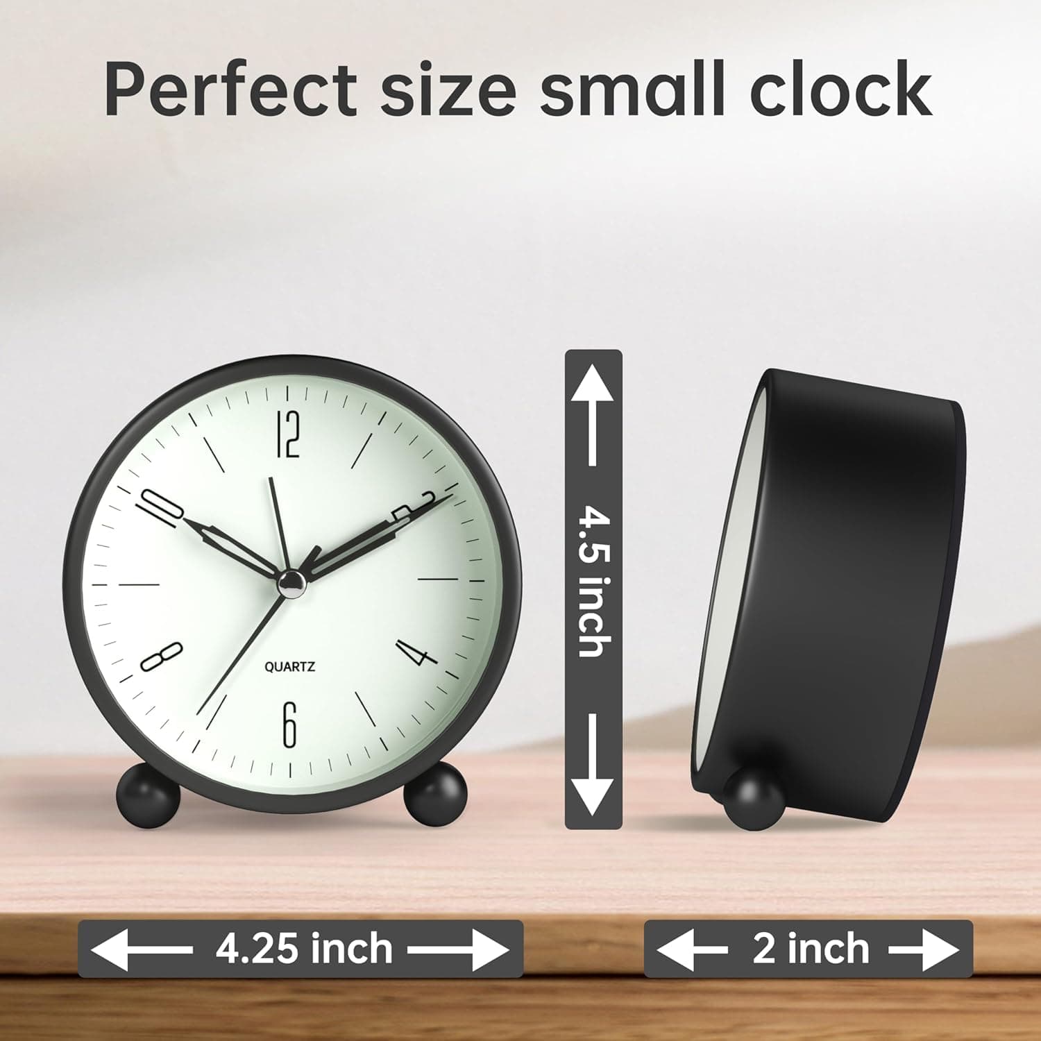 Perfect size small clock  
10 8 12 QUARTZ 6 2 4  
4.5 inch  
4.25 inch  
2 inch