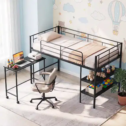 Front. Gymax - Gymax Twin Size Loft Bed w/Rolling Desk & Bookshelf Metal Slats for Bedroom Dormitory Black - Black.