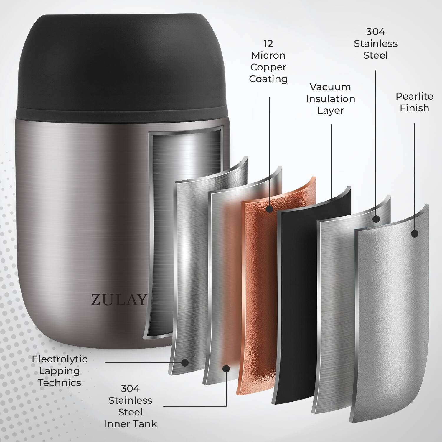 304 Stainless Micron Steel Copper Coating Vacuum Insulation Pearlite Layer Finish ZULAY Electrolytic Lapping Technics 304 Stainless Steel Inner Tank