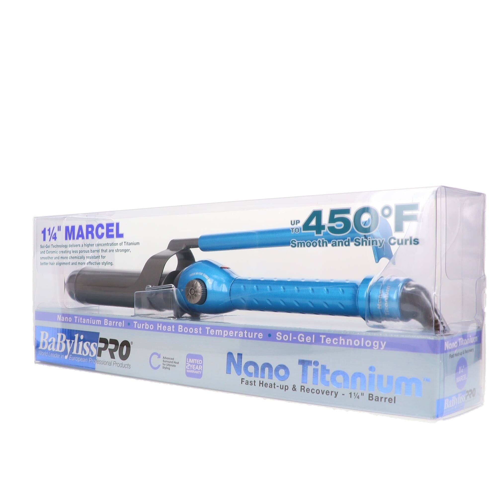 1 1/4" MARCEL  
Sol-Gel Technology delivers a higher concentration of Titanium and Ceramic creating less porous barrel that are stronger, smoother and more chemically resistant for better alignment and more effective styling.  
UP TO 450°F  
Smooth and Shiny Curls  
Nano Titanium Barrel  
Turbo Heat Boost Temperature  
Sol-Gel Technology  
BaByliss PRO  
Nano Titanium  
Fast Heat-up & Recovery - 1 1/4" Barrel  
LIMITED EDITION  
2 YEAR WARRANTY