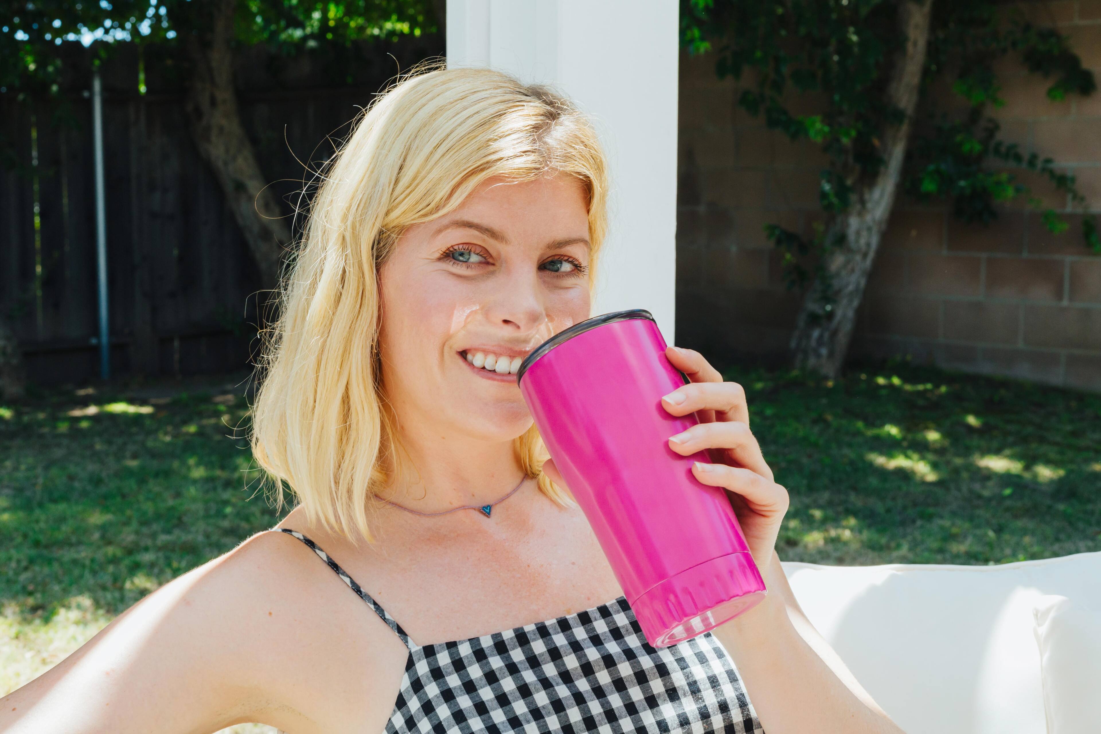 Alt View 4. Silver Buffalo - Metallic Hot Pink Stainless Steel Tumbler With Open-Sip Lid | Holds 20 Ounces - Pink.