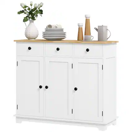 Front. Homcom - Storage Cabinet, Sideboard Floor Cupboard with Solid Wood Top, Adjustable Shelf - Distressed White.