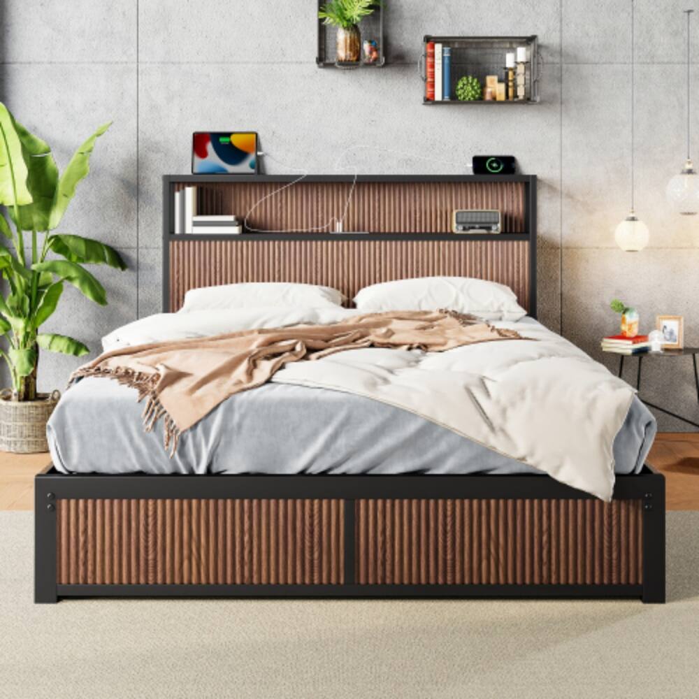 Angle. LUCKY ONE - Queen Size Wooden Platform Bed Frame with Multiple Drawers Storage, USB Socket, Raised Pattern Headboard - Natural Wood.