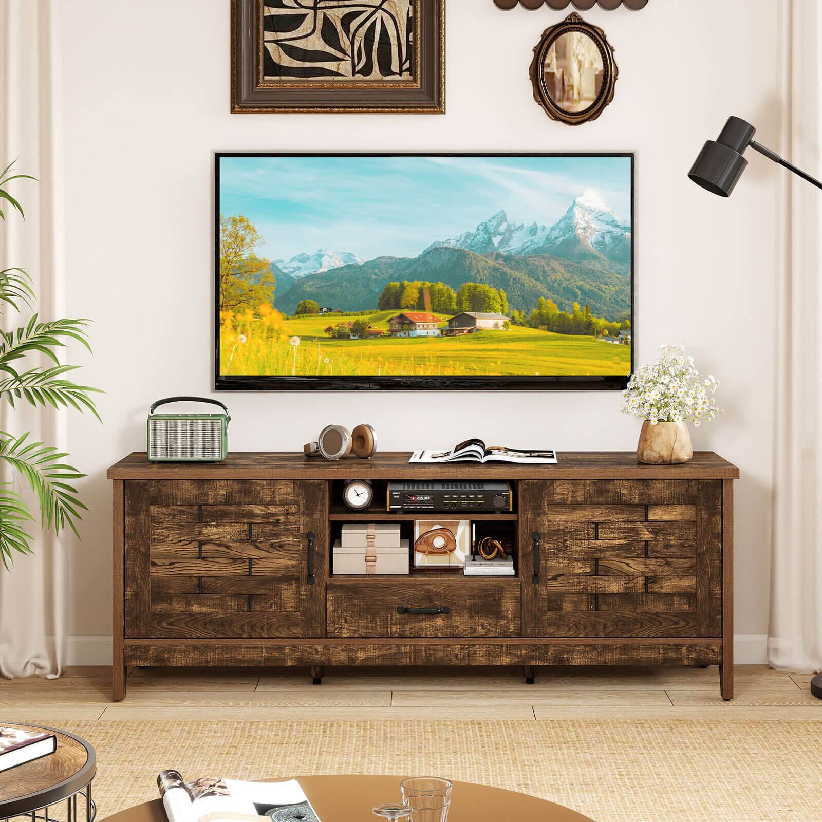 Alt View 1. Costway - Costway TV Stand with 2 Woven Accent Doors, Storage Drawer 3 Adjustable Shelves for 65" TVs - Rustic Brown.