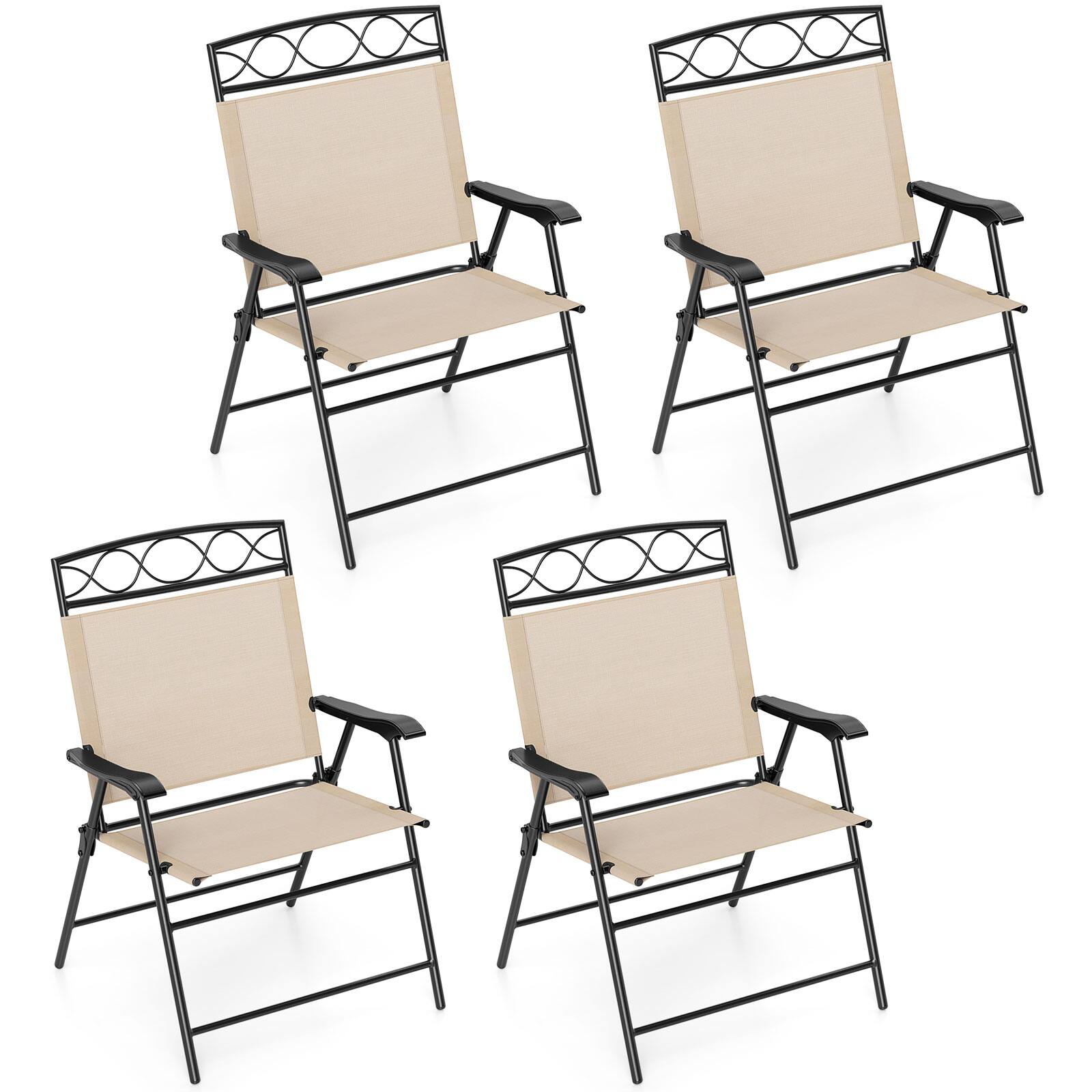 Gymax - 4 Pack Patio Folding Chairs w/ Backrests & Armrests Metal Frame Outdoor - Beige