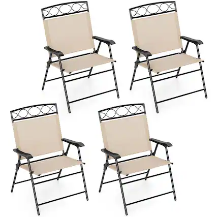 Front. Gymax - Gymax 4 Pack Patio Folding Chairs w/ Backrests & Armrests Metal Frame Outdoor Beige - Beige.