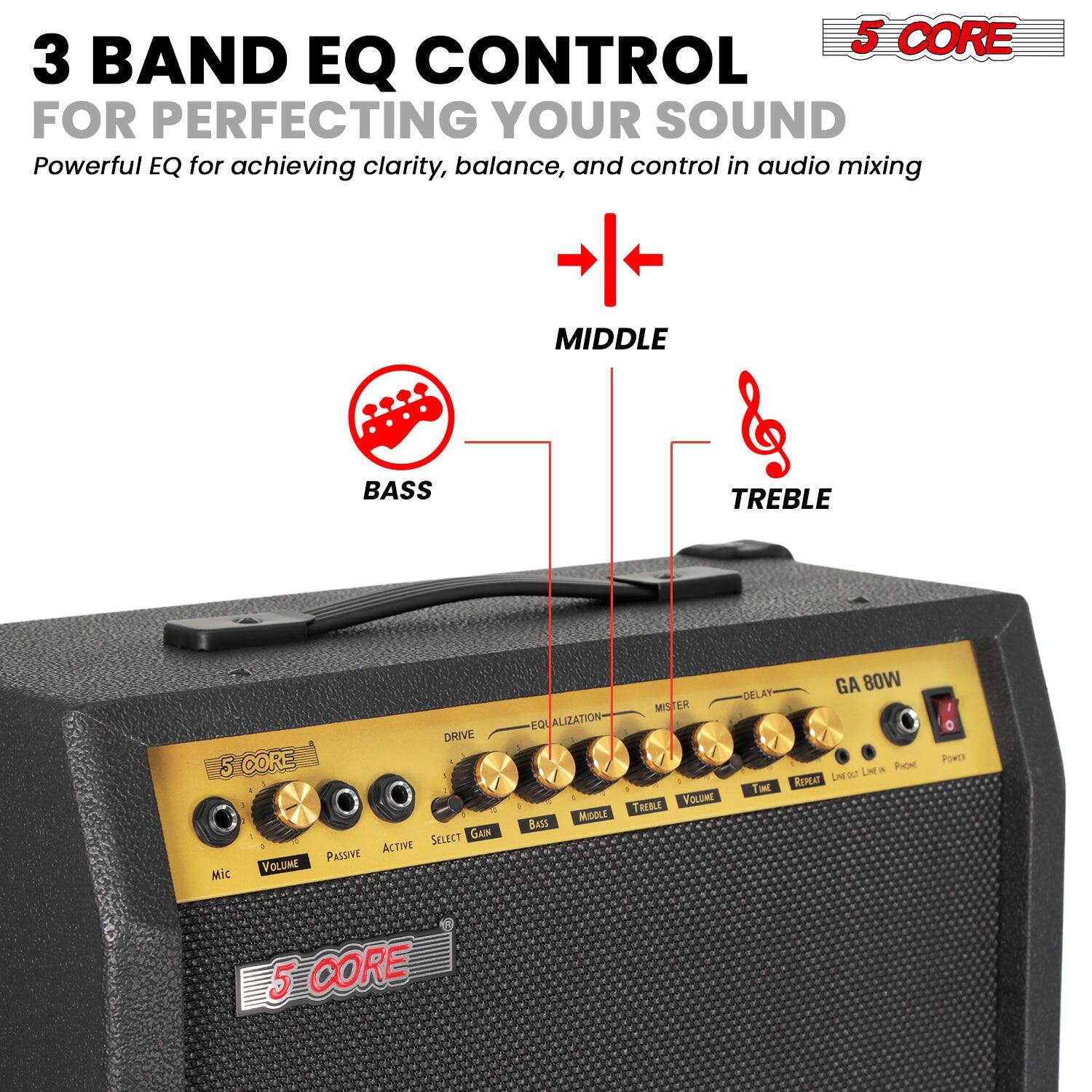 3 BAND EQ CONTROL FOR PERFECTING YOUR SOUND  
Powerful EQ for achieving clarity, balance, and control in audio mixing  

BASS  
MIDDLE  
TREBLE  

5 CORE SELECT  
GAIN  
ACTIVE  
PASSIVE  
VOLUME  

Mic  
EQU ALIZATION  
MIDDLE  
BASS  
TREBLE  
VOLUME  

DELAY  
MISTER  
GA BOW  
LINE OUT  
PHONE  
POWER  

5 CORE