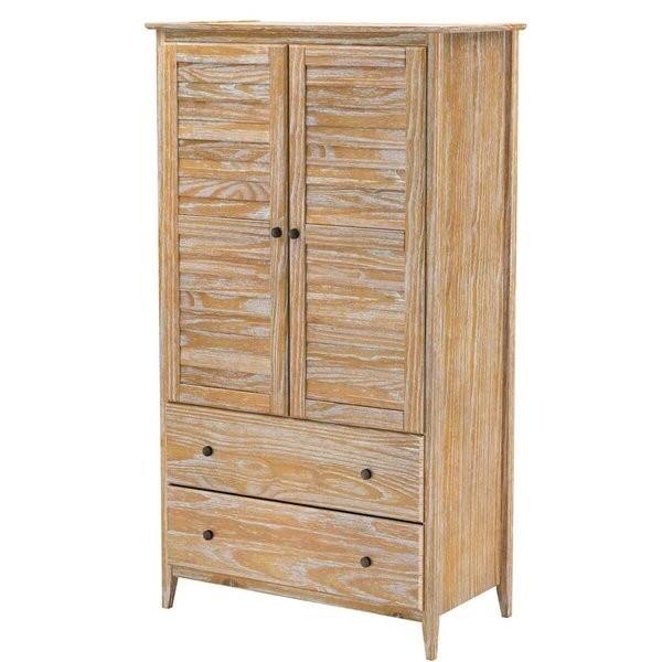 Front. Hivvago - FarmHome Louvered Distressed Driftwood Solid Pine Armoire - Natural.