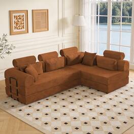 Anysun - L-Shape Corduroy Modular Sectional Sofa - Minimalist Compressed Design, Unfolds into Bed, Space-Efficient - Orange