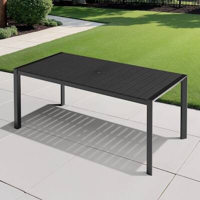 Front. Crestlive Products - Crestlive Products 72in Large Patio Plastic Wood Top Aluminum Outdoor Dining Table 32.8inWx70.87inL Umbrella Hole - Black.