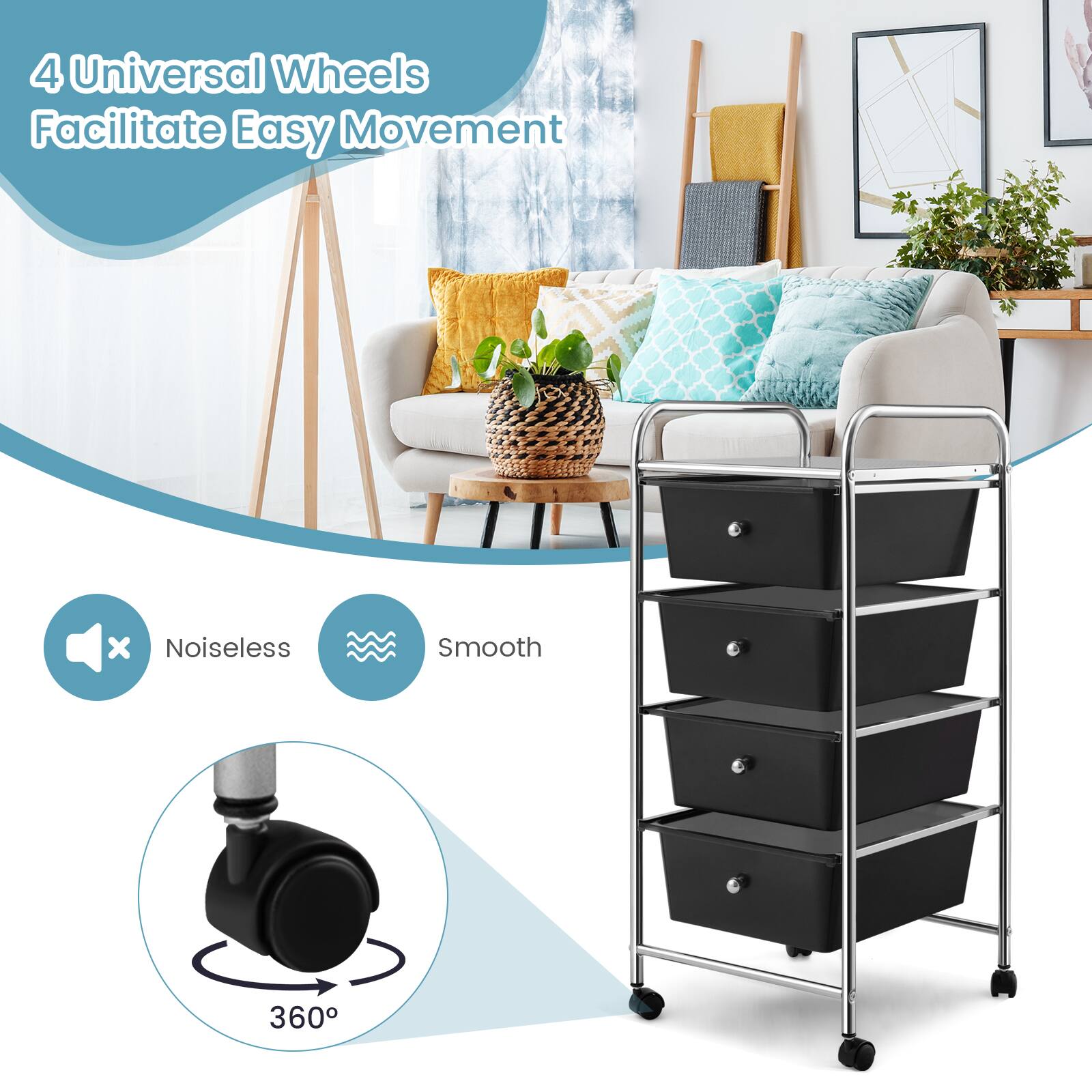 4 Universal Wheels Facilitate Easy Movement

Noiseless
Smooth
360°