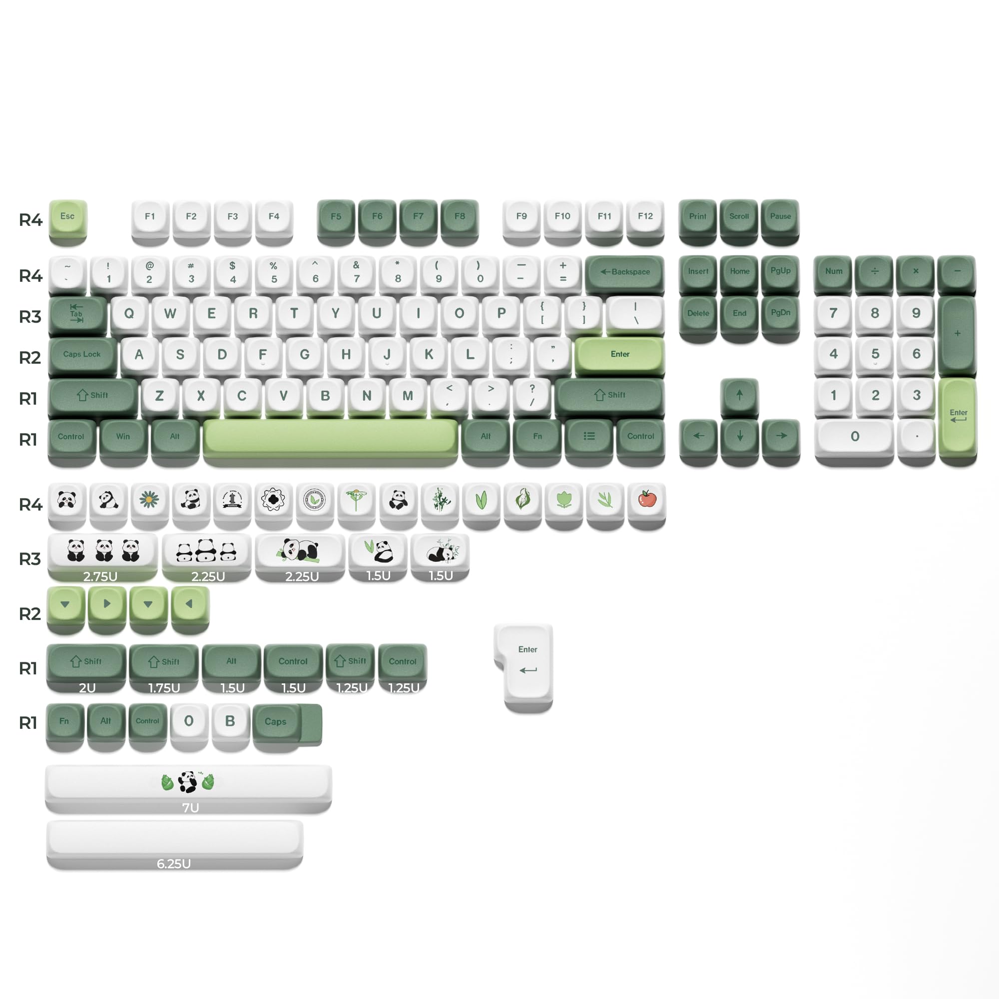 Sure, here is the corrected and grouped text from the image:

---

**R4:**
- Esc
- F1 F2 F3 F4 F5 F6 F7 F8 F9 F10 F11 F12
- Print Scroll Pause

**R4:**
- 1 2 3 4 5 6 7 8 9 0 - = Backspace
- Insert Home PgUp Num 7 8 9 + / - * 0 . Enter

**R3:**
- Q W E R T Y U I O P [ ] \ Enter
- Caps Lock A S D F G H J K L ; ' Shift

**R2:**
- Z X C V B N M , . / Shift

**R1:**
- Control Win Alt

**R4:**
- 2.75U 2.25U 2.25U 1.50U 1.50U

**R2:**
- Shn zU Sh 1,75U A 1.5U

**R1:**
- Control 1.5U Dn Control 1.25U Enter