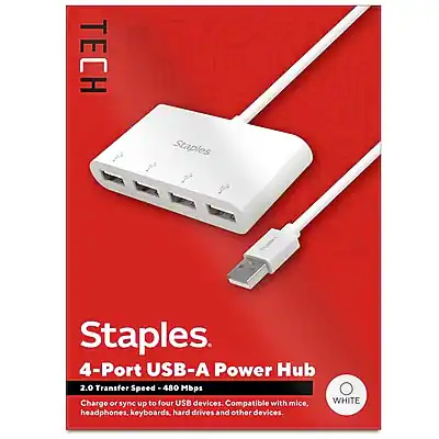 **Staples.**
**4-Port USB-A Power Hub**
- **2.0 Transfer Speed - 480 Mbps**
- Charge or sync up to four USB devices.
- Compatible with mice, headphones, keyboards, hard drives, and other devices.
**WHITE**